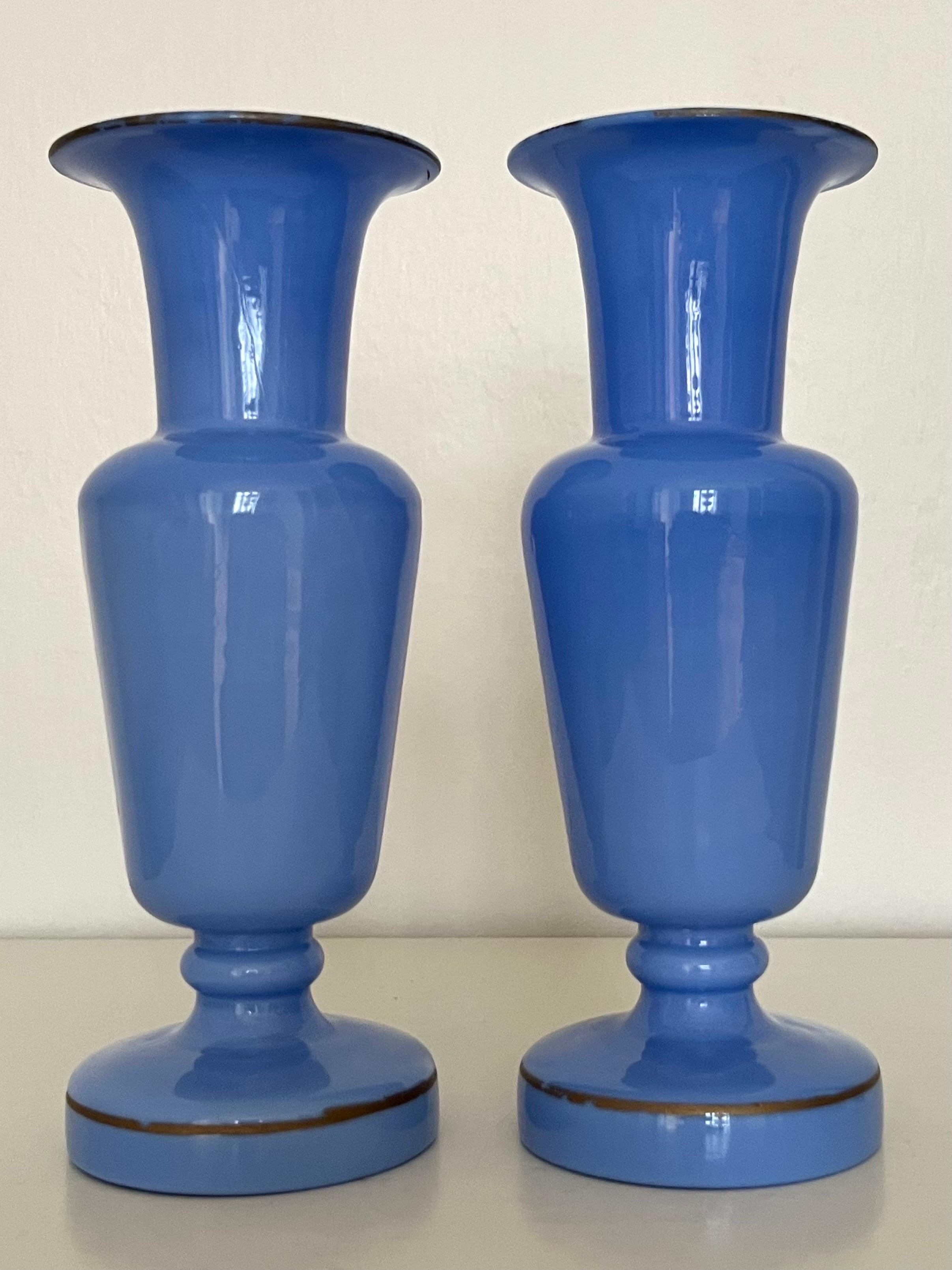 Pair of French Blue Opaline Glass Vases w. Hand-Painted Botanical Motifs, 1890s For Sale 8