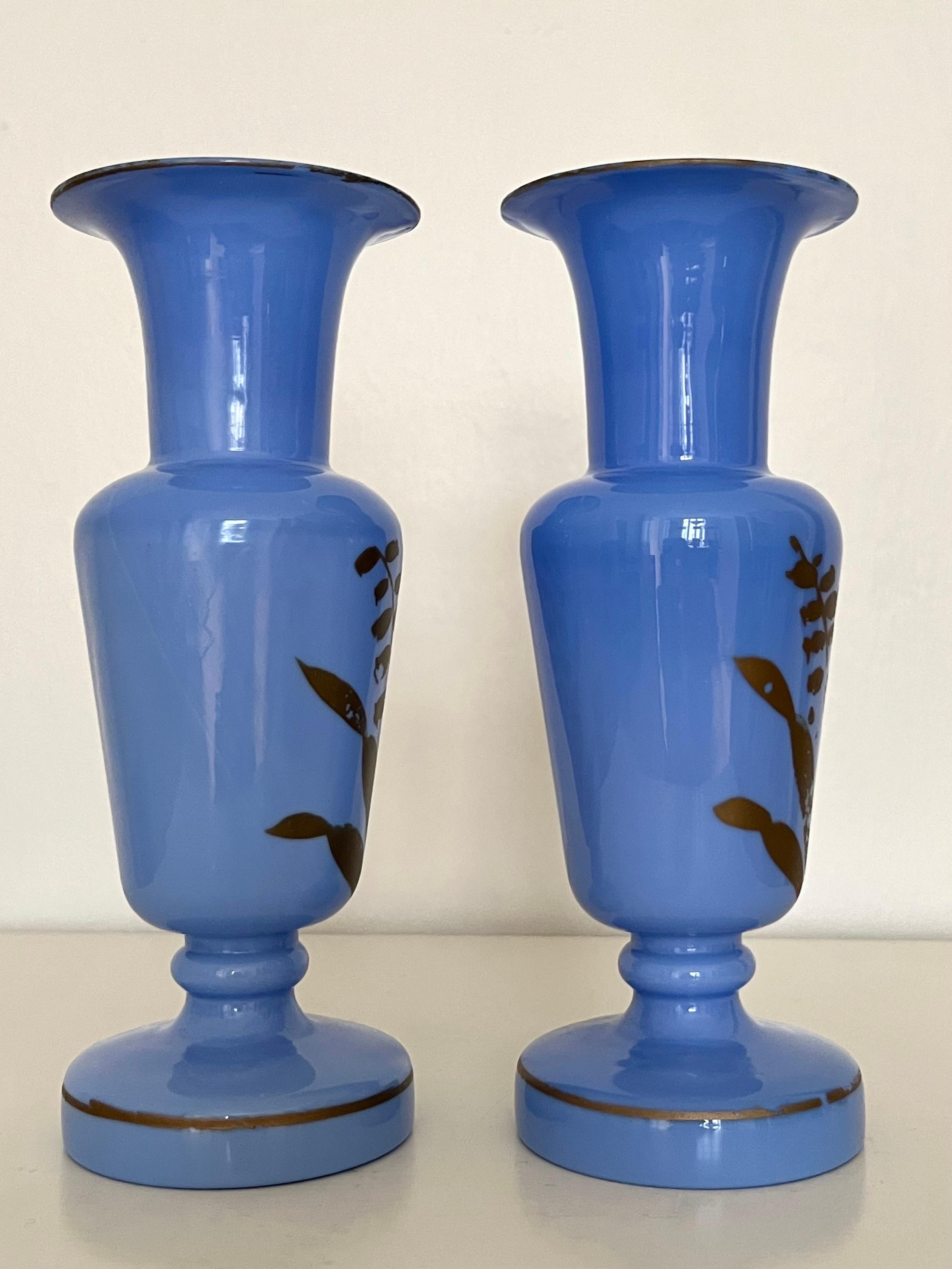 Pair of French Blue Opaline Glass Vases w. Hand-Painted Botanical Motifs, 1890s For Sale 9