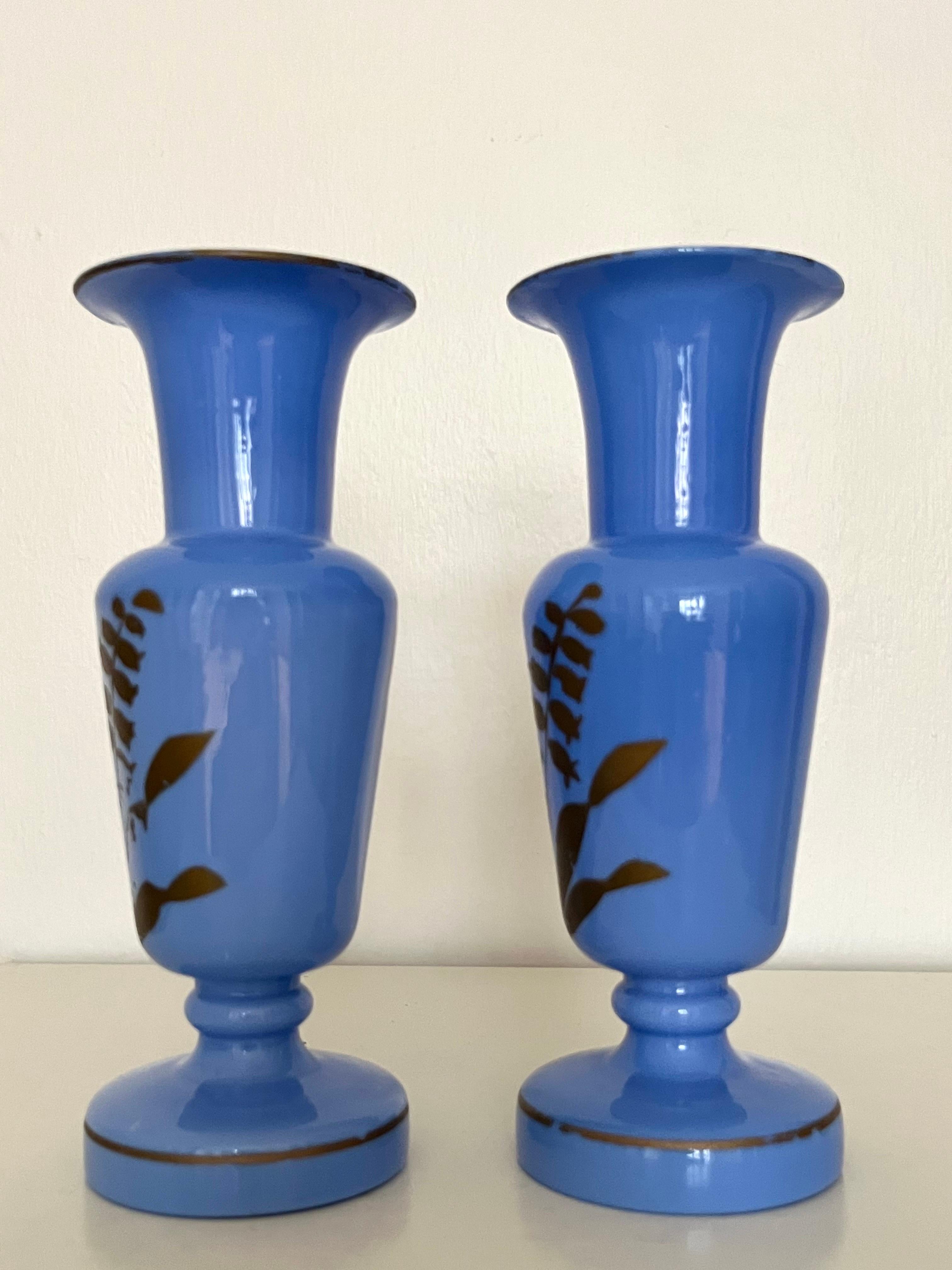 Pair of French Blue Opaline Glass Vases w. Hand-Painted Botanical Motifs, 1890s For Sale 10