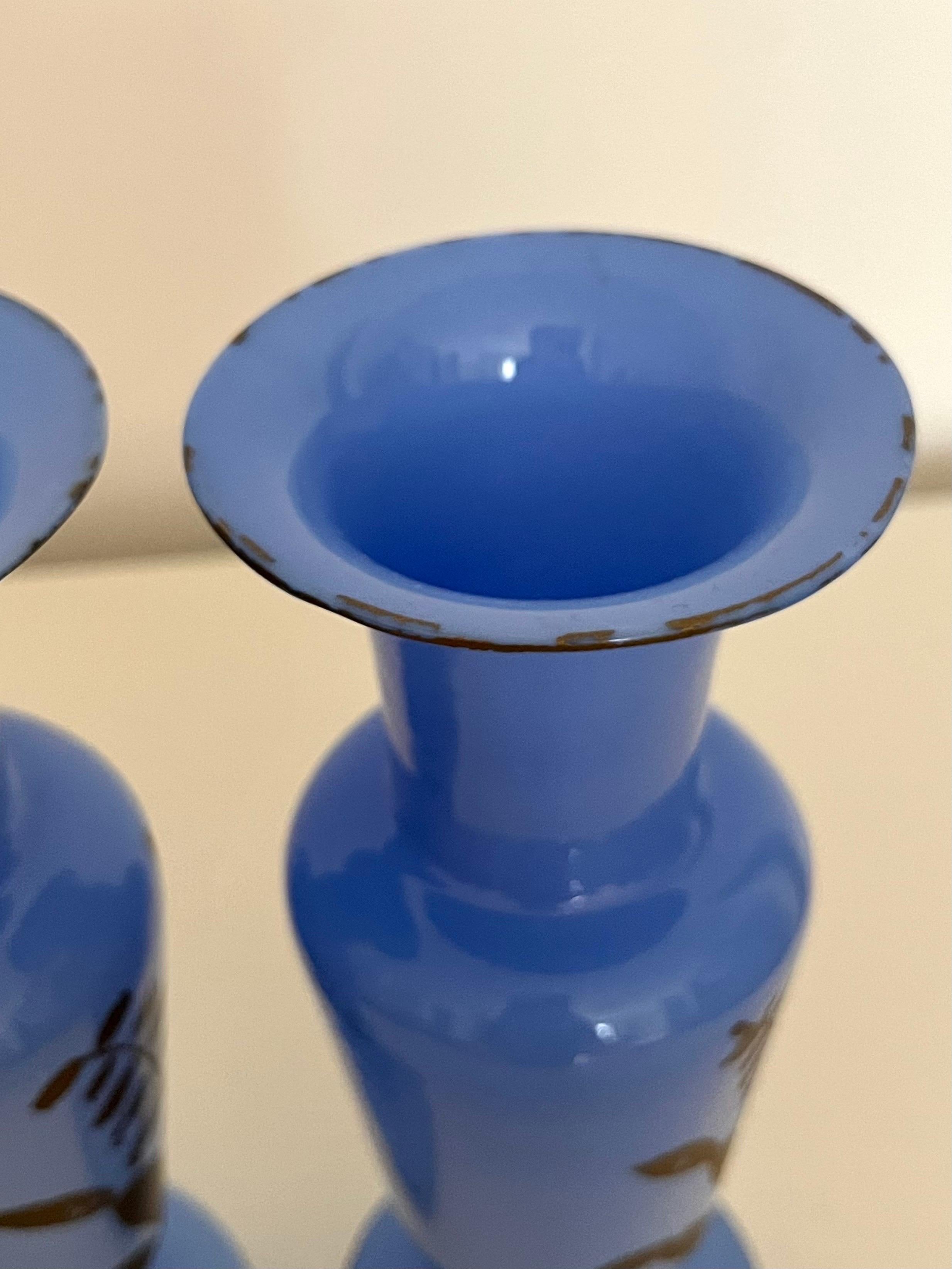 Pair of French Blue Opaline Glass Vases w. Hand-Painted Botanical Motifs, 1890s For Sale 11