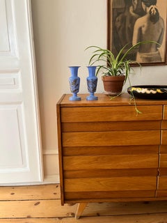 Pair of French Blue Opaline Glass Vases w. Hand-Painted Botanical Motifs, 1890s