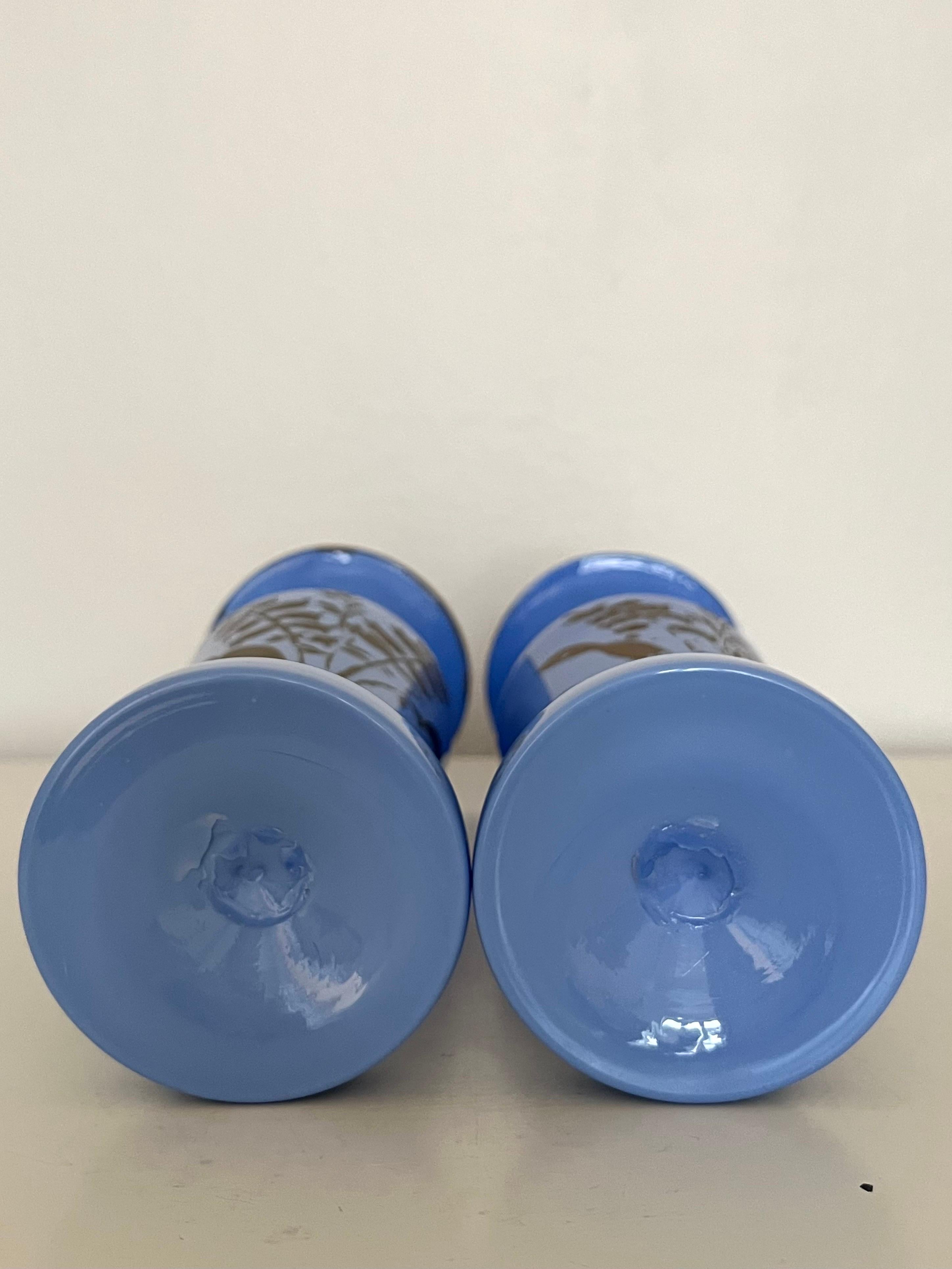 Pair of French Blue Opaline Glass Vases w. Hand-Painted Botanical Motifs, 1890s For Sale 14