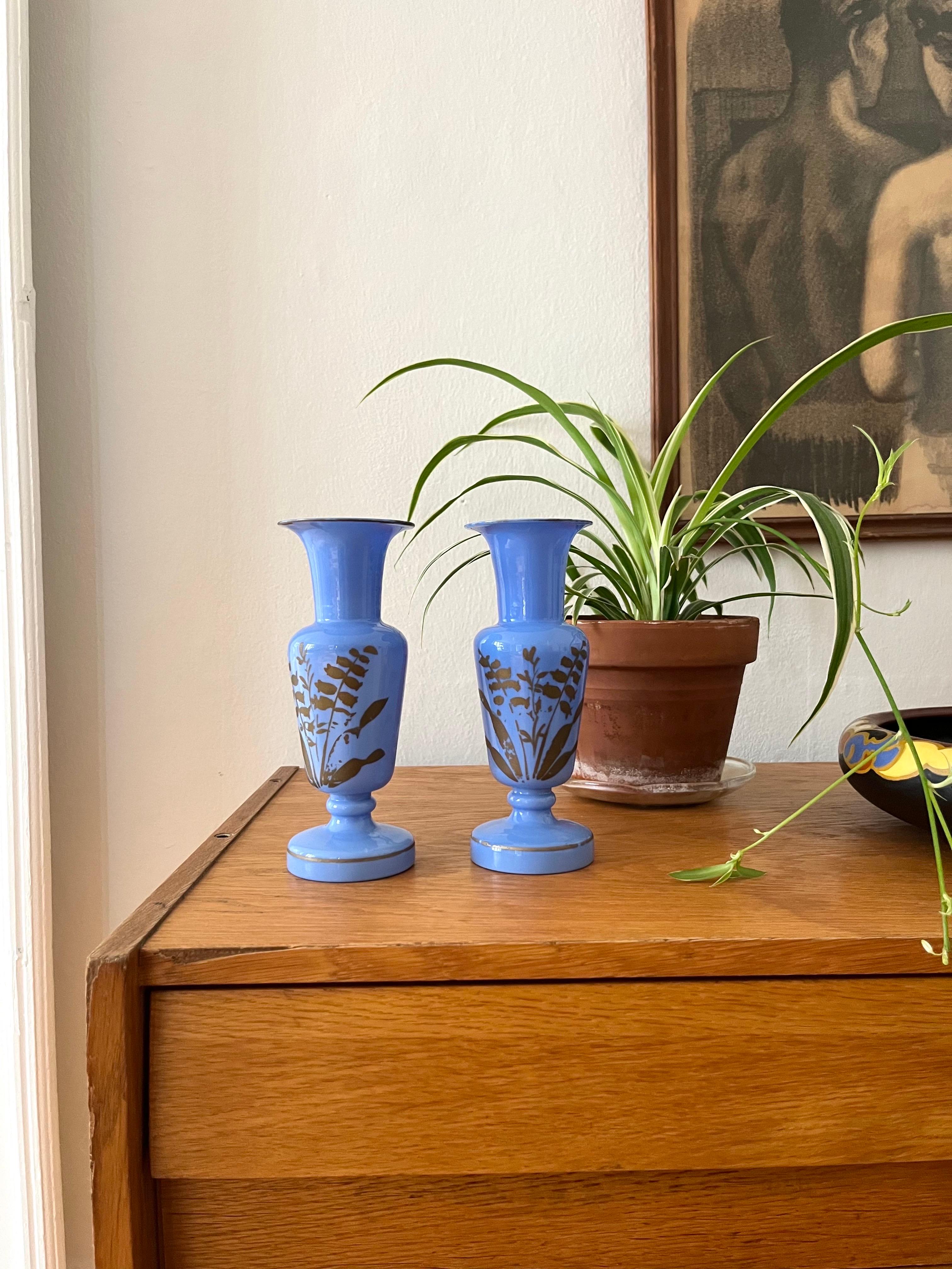 Art Nouveau Pair of French Blue Opaline Glass Vases w. Hand-Painted Botanical Motifs, 1890s For Sale