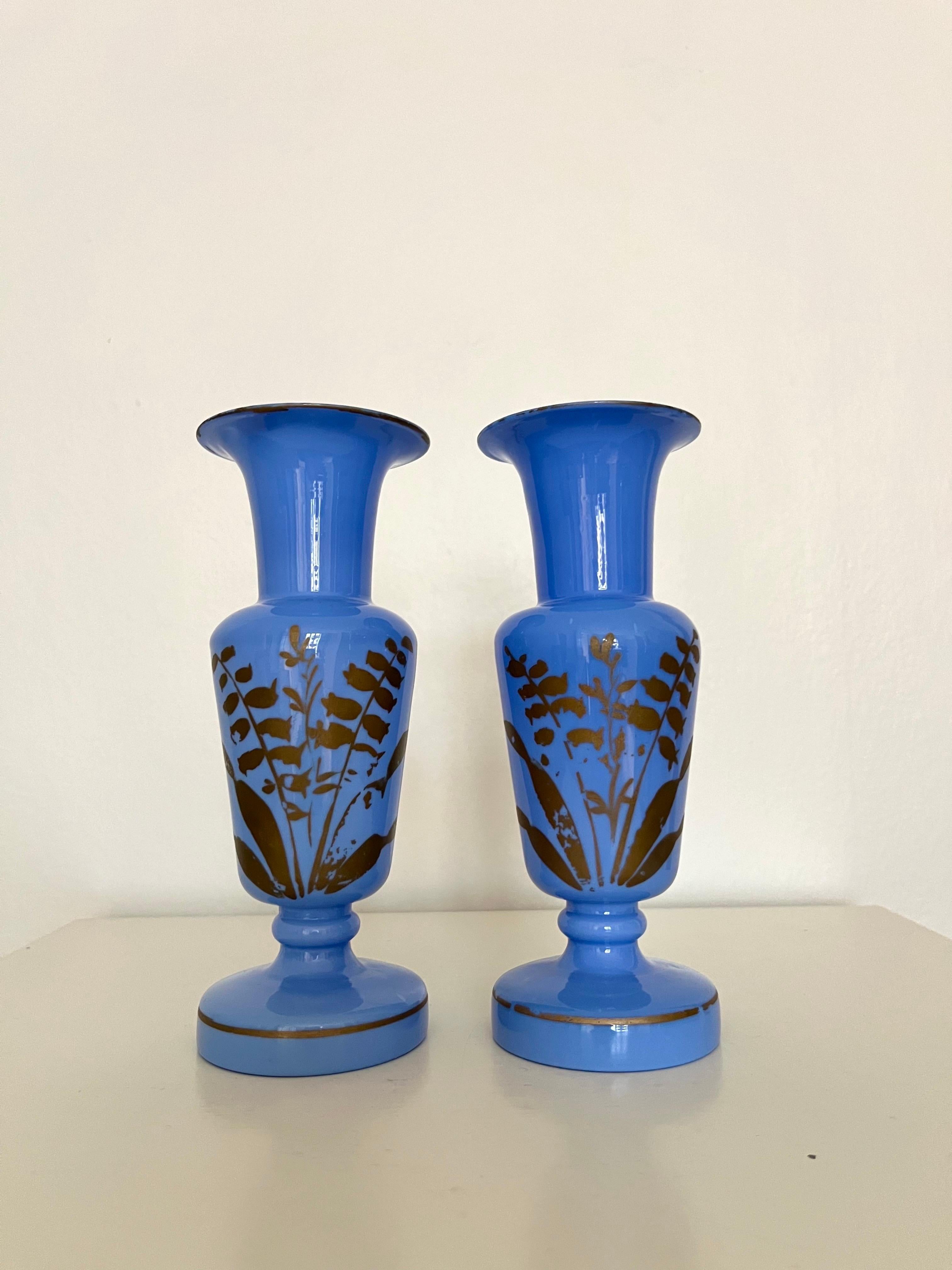 Hand-Crafted Pair of French Blue Opaline Glass Vases w. Hand-Painted Botanical Motifs, 1890s For Sale