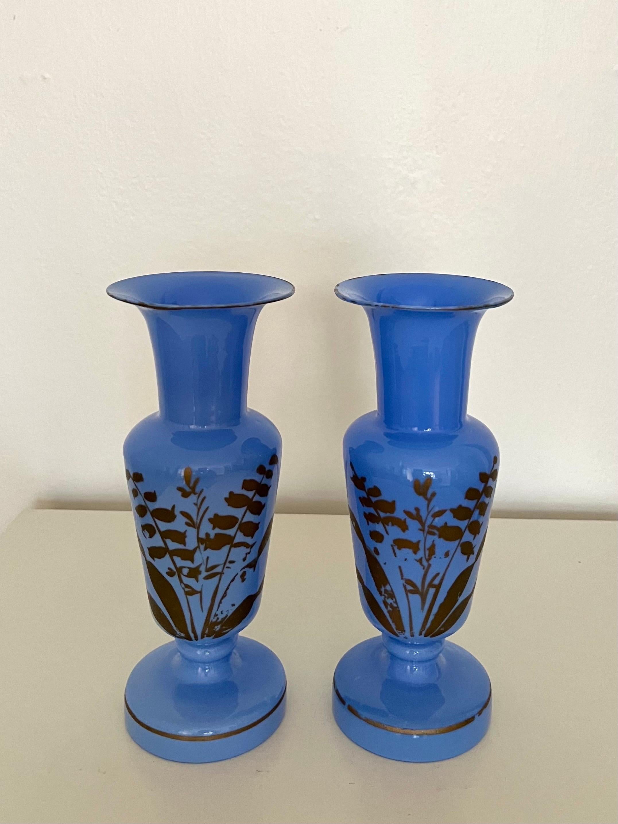 Pair of French Blue Opaline Glass Vases w. Hand-Painted Botanical Motifs, 1890s In Good Condition For Sale In Frederiksberg C, DK