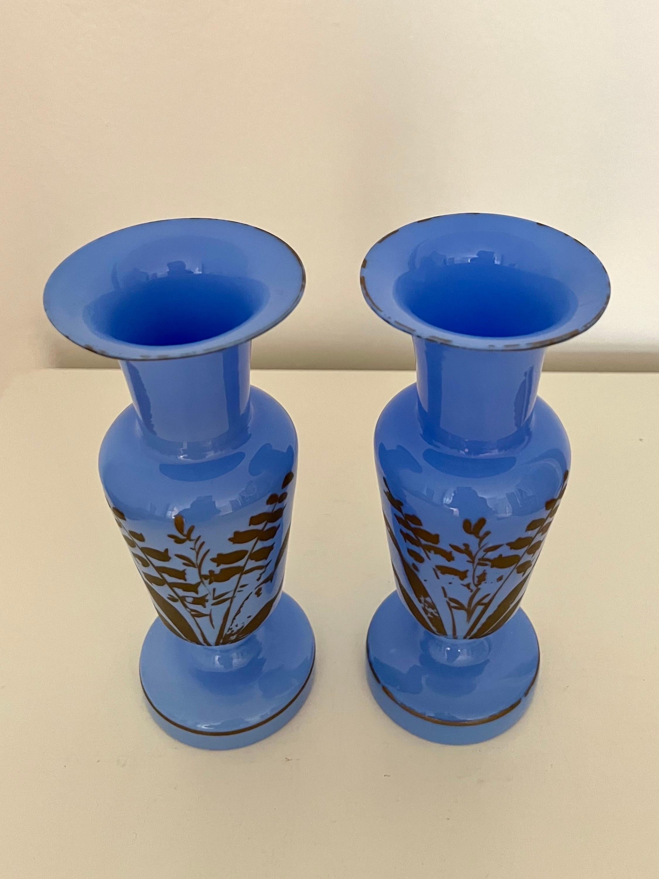 Late 19th Century Pair of French Blue Opaline Glass Vases w. Hand-Painted Botanical Motifs, 1890s For Sale