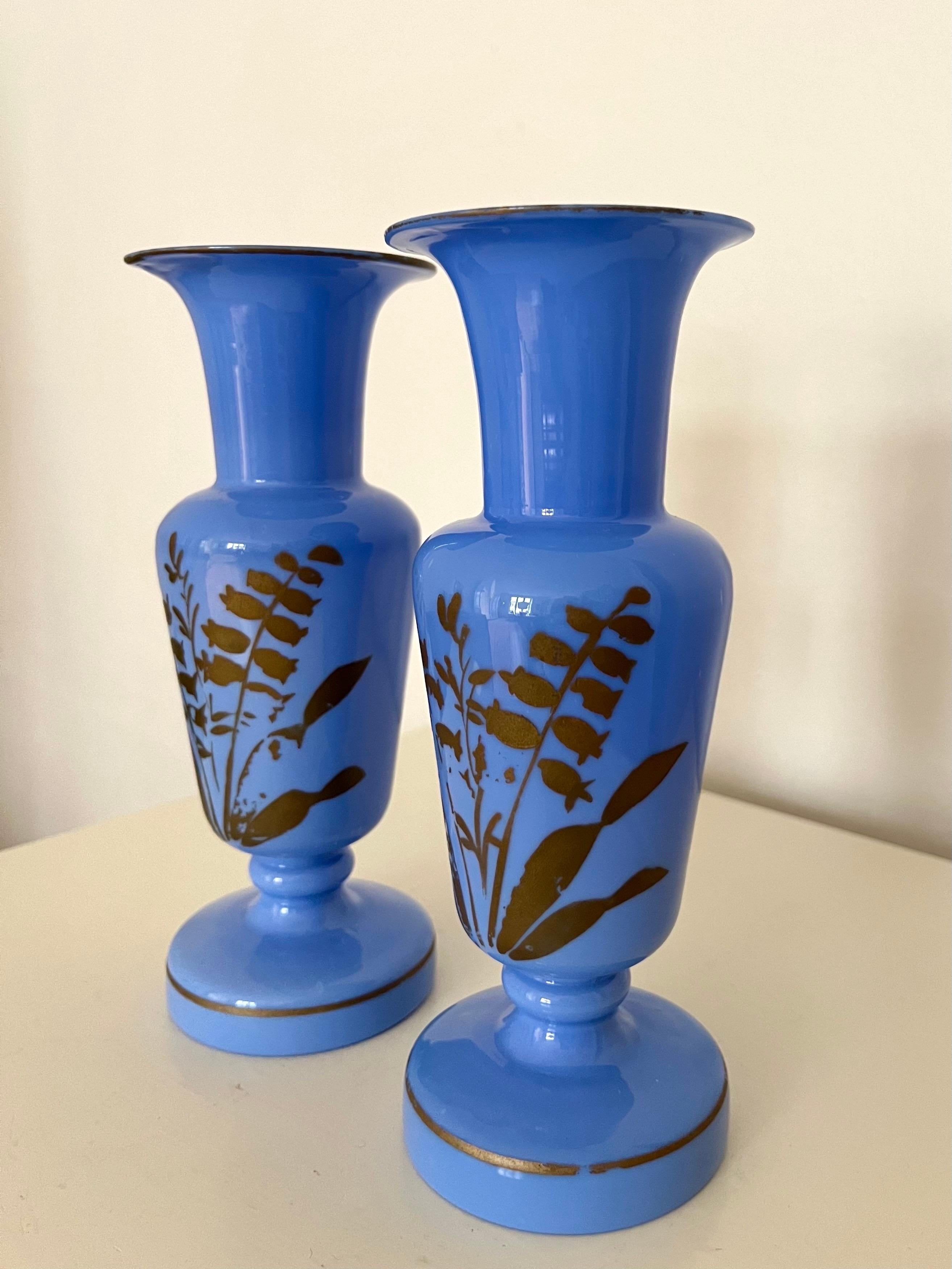 Pair of French Blue Opaline Glass Vases w. Hand-Painted Botanical Motifs, 1890s For Sale 1