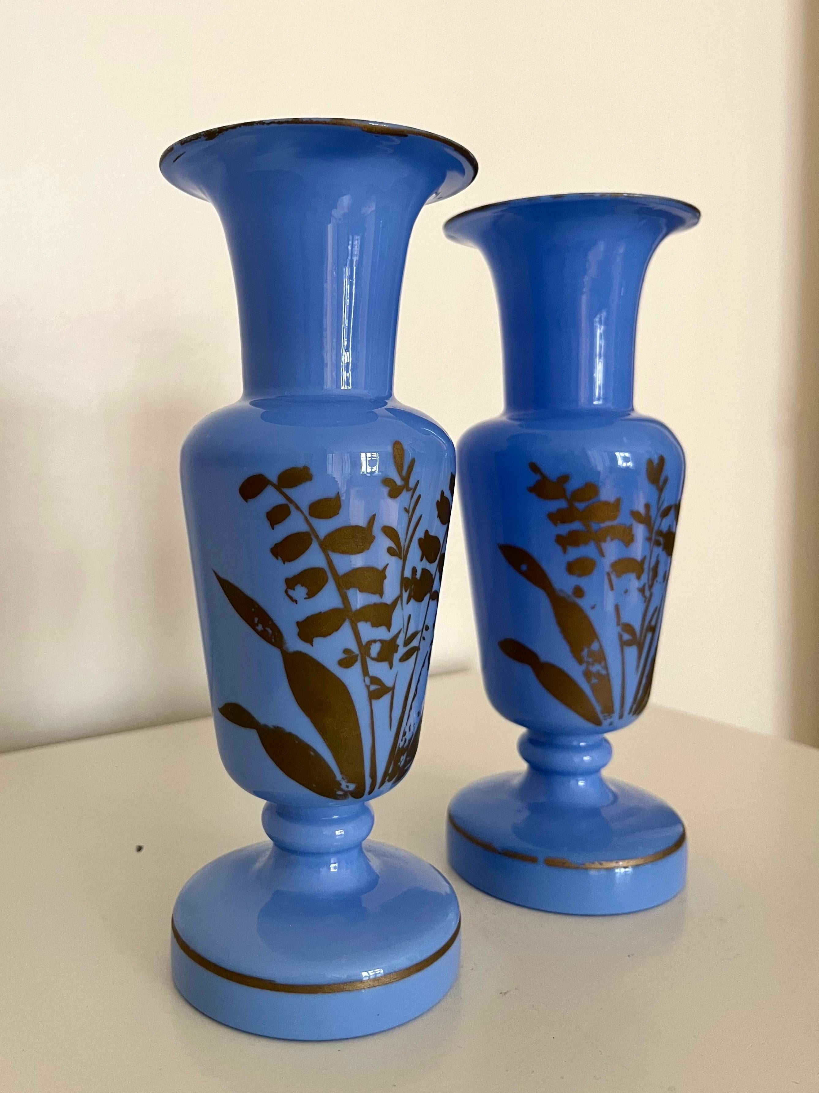 Pair of French Blue Opaline Glass Vases w. Hand-Painted Botanical Motifs, 1890s For Sale 2
