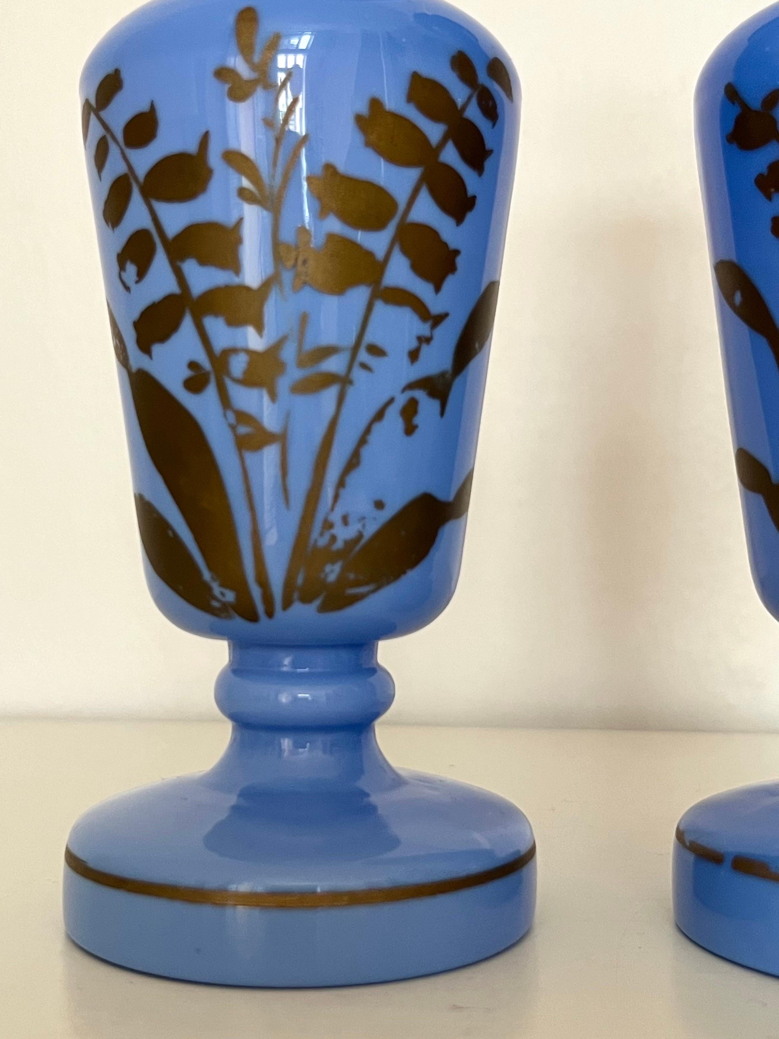 Pair of French Blue Opaline Glass Vases w. Hand-Painted Botanical Motifs, 1890s For Sale 3