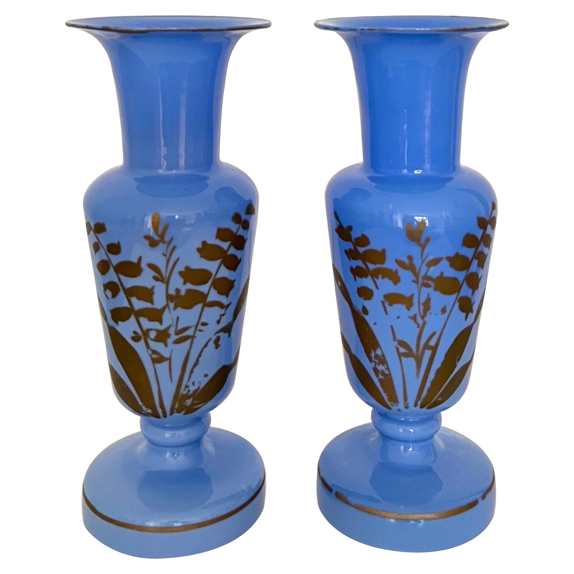 Pair of French Blue Opaline Glass Vases w. Hand-Painted Botanical Motifs, 1890s For Sale