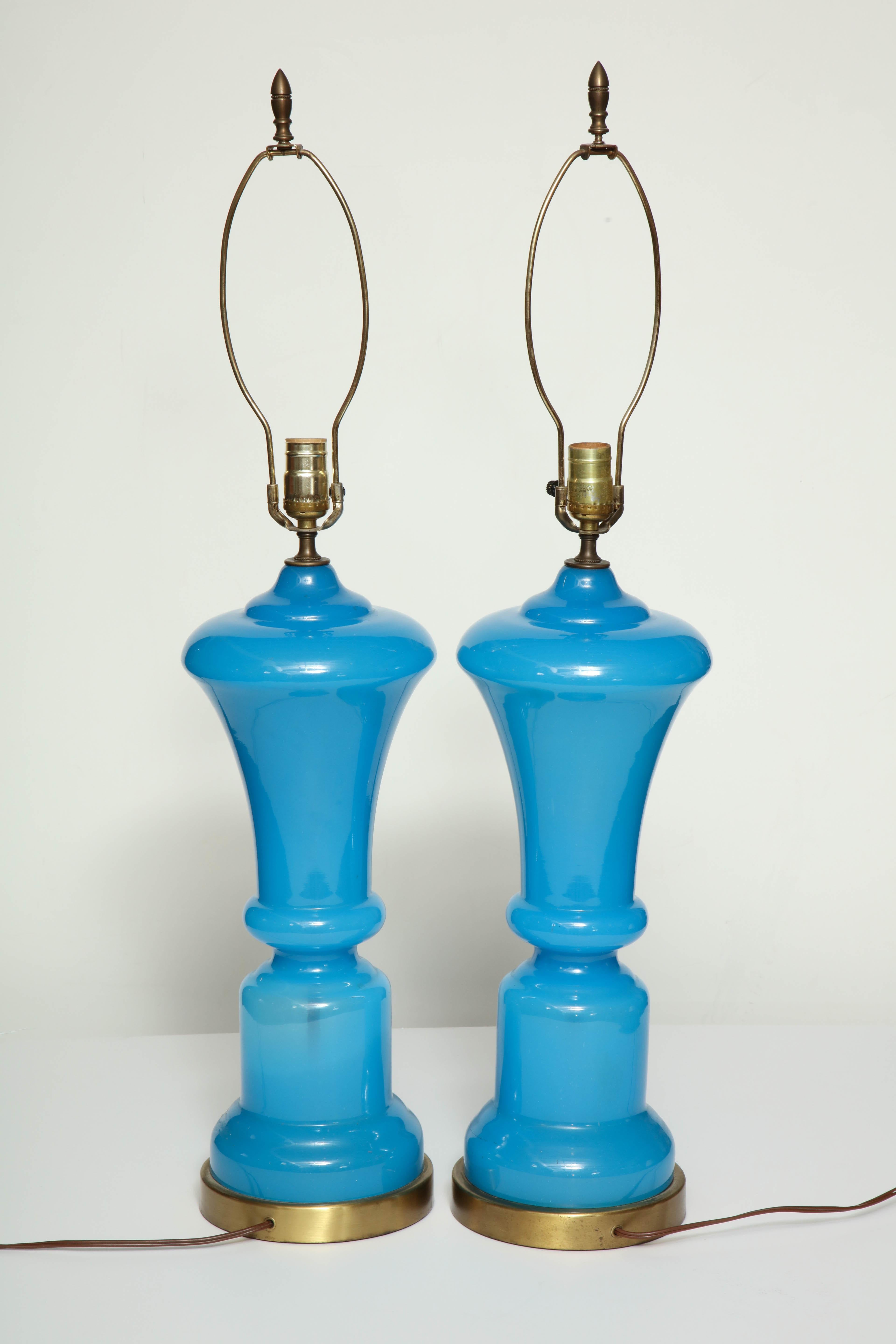 Pair of French Blue Opaline Lamps For Sale 4