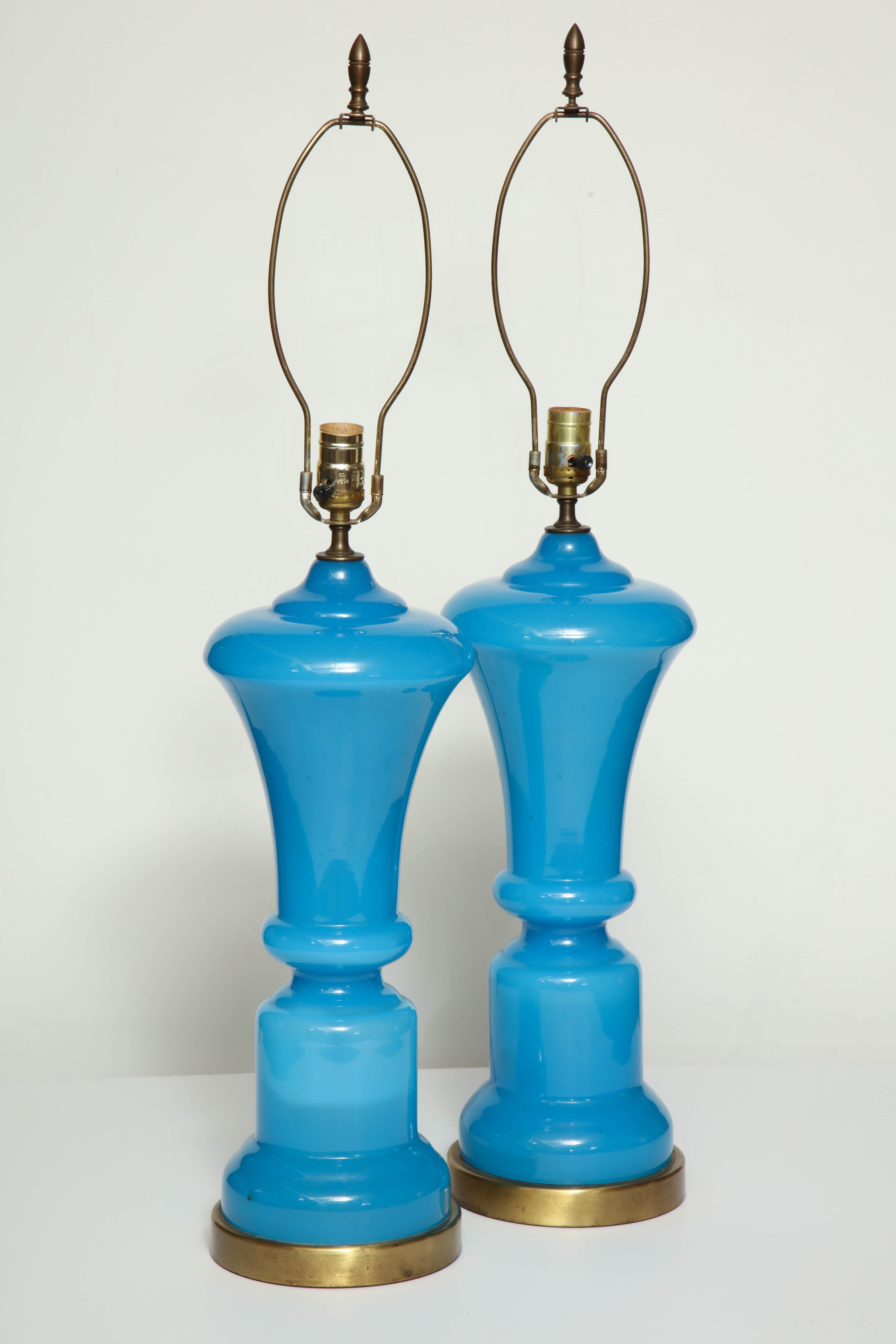 Opaline Glass Pair of French Blue Opaline Lamps For Sale
