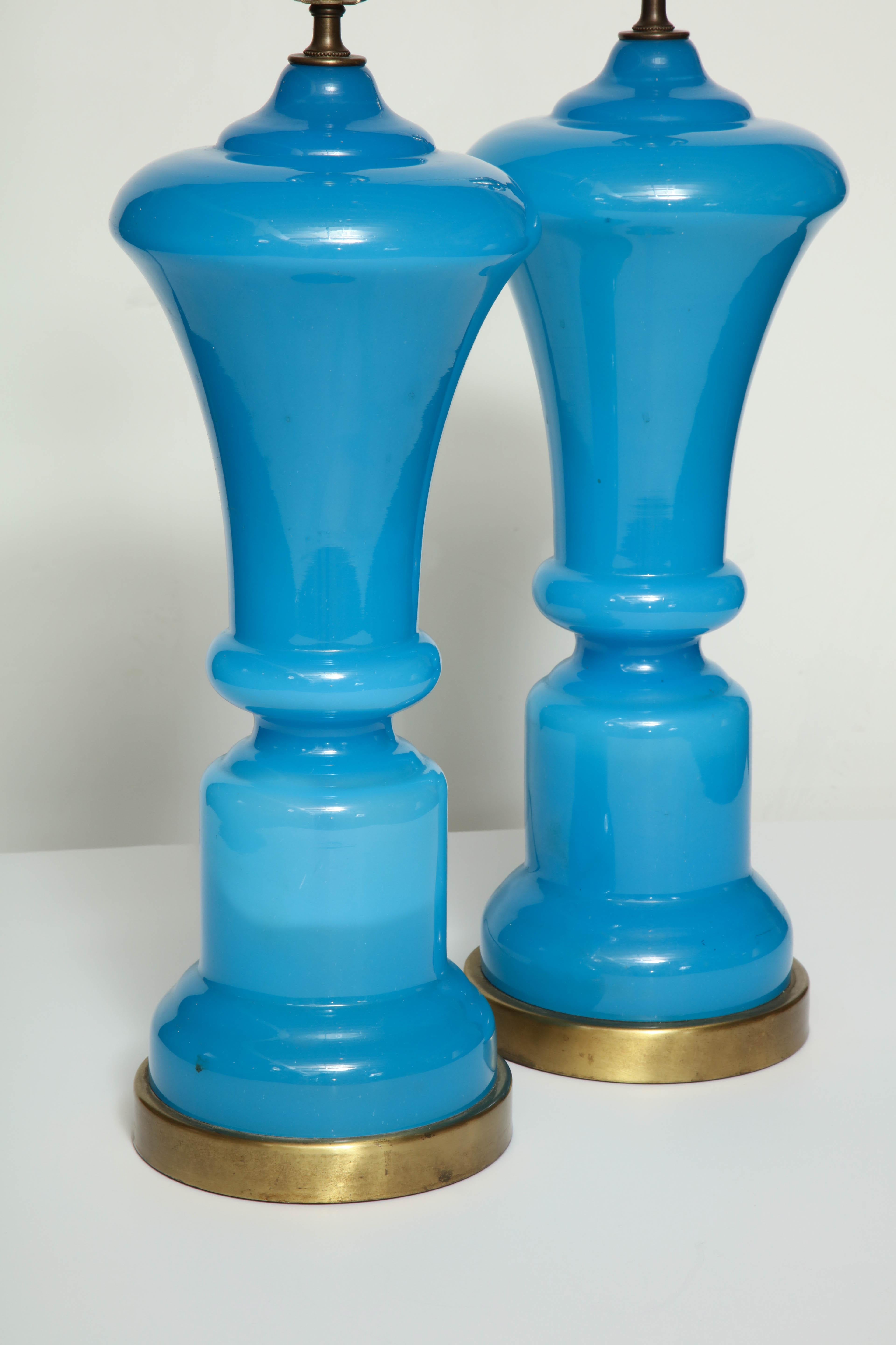Pair of French Blue Opaline Lamps For Sale 1