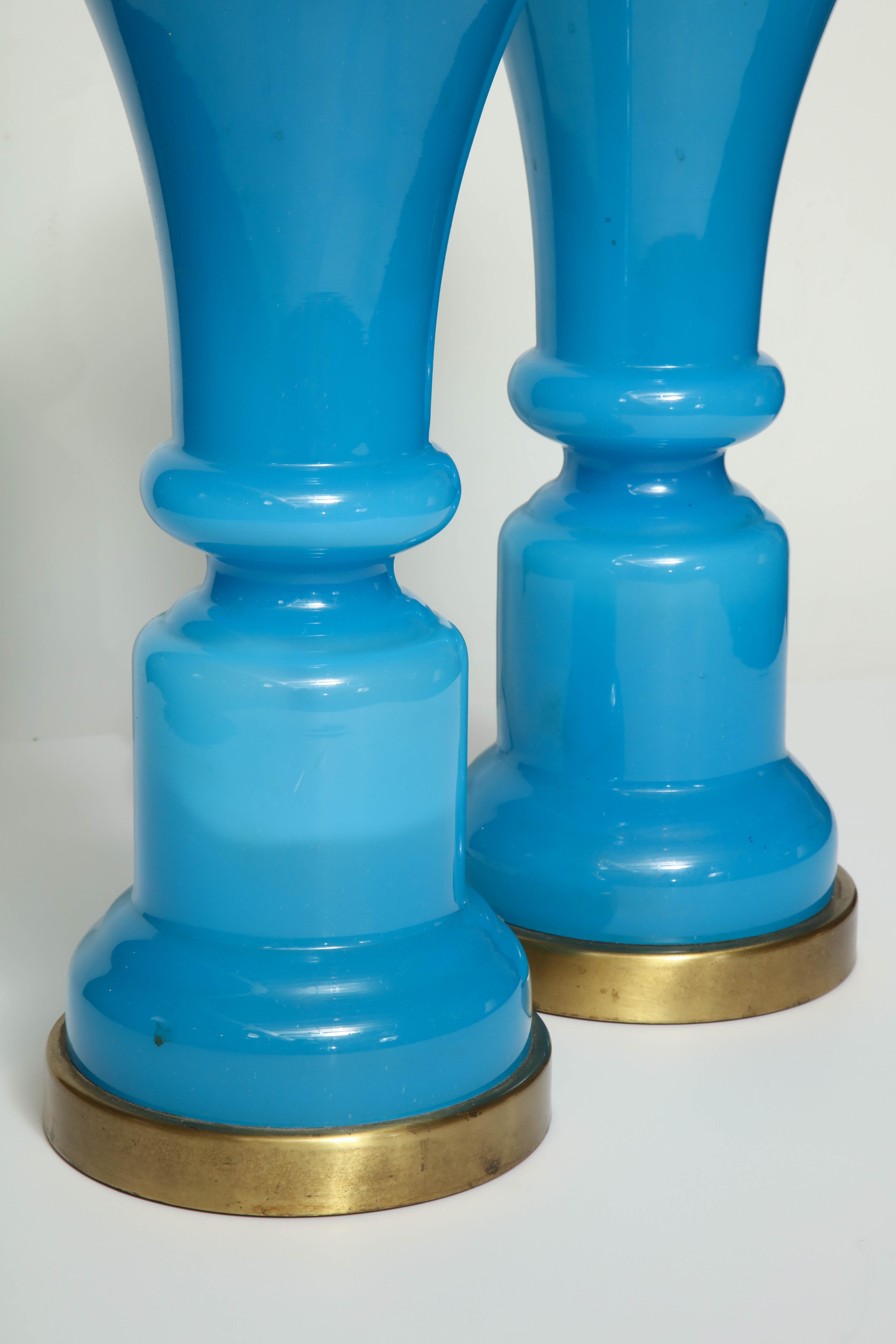 Pair of French Blue Opaline Lamps For Sale 2