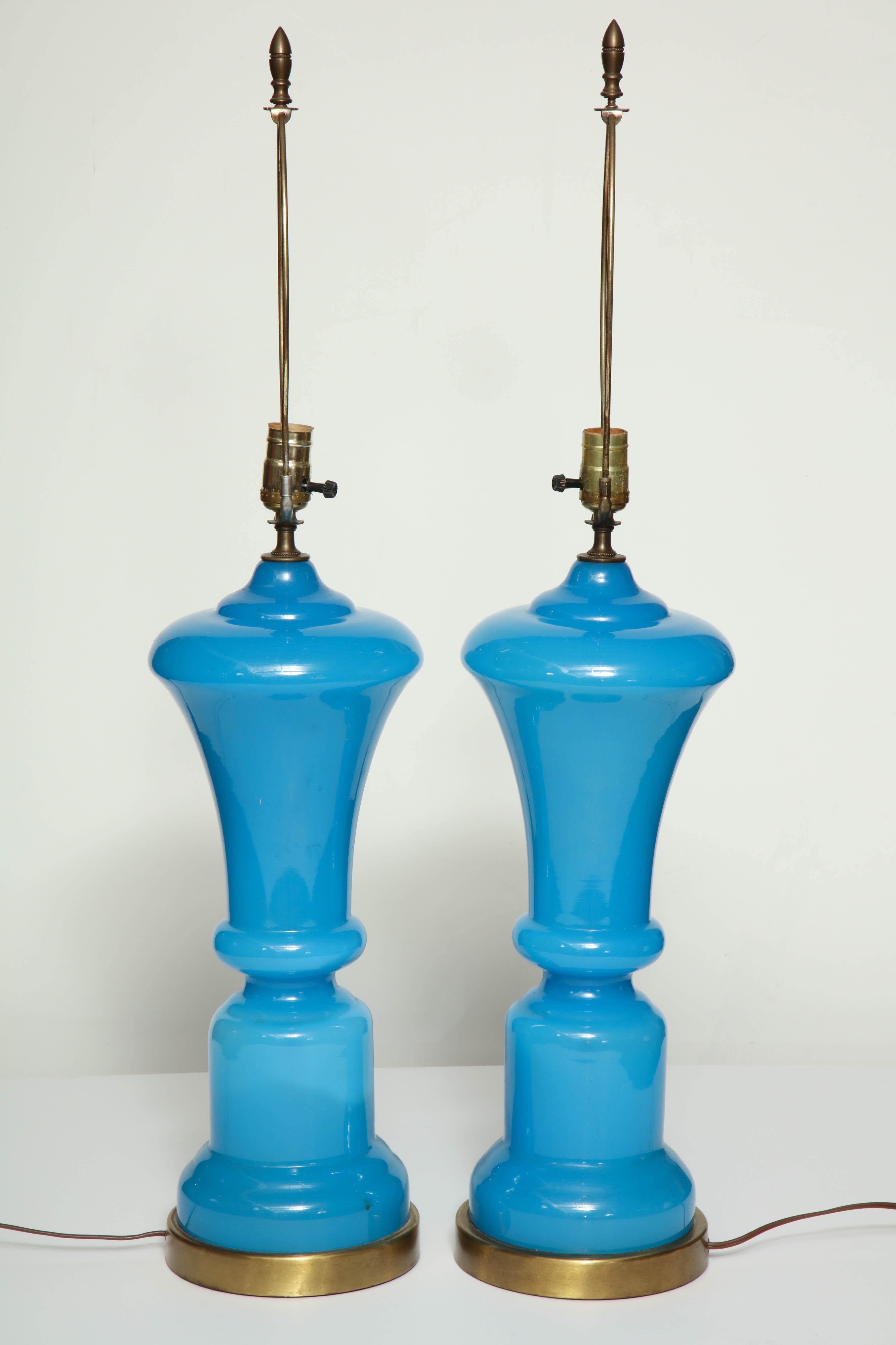 Pair of French Blue Opaline Lamps For Sale 3
