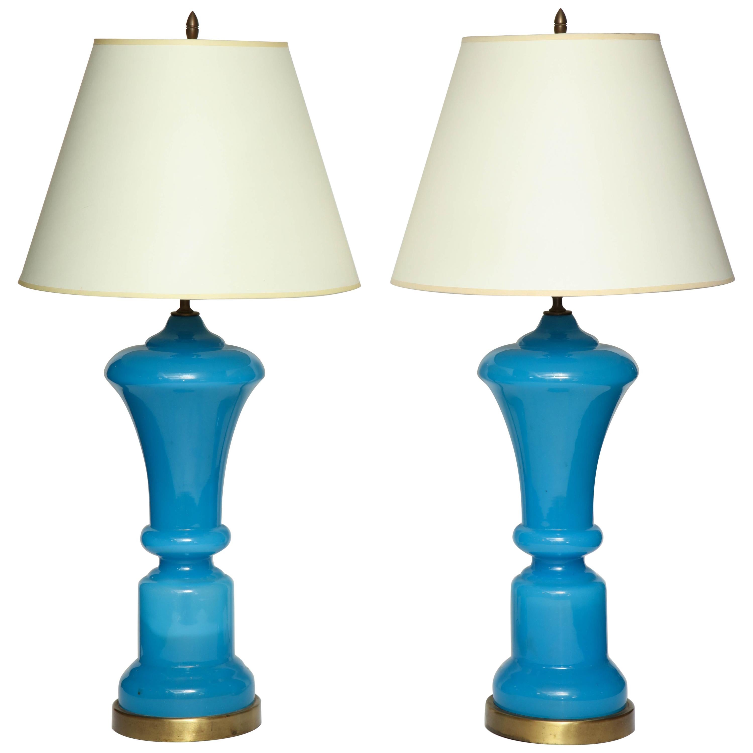 Pair of French Blue Opaline Lamps For Sale
