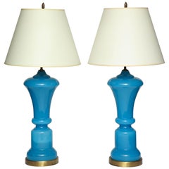 Pair of French Blue Opaline Lamps