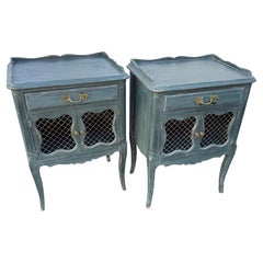 Pair of French Blue Painted Bedside End Tables with Drawer