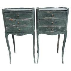 Pair of French Blue Painted Bedside End Tables with Drawers