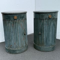 Pair of French Blue Painted Fluted Bedside Column End Tables with Drawer