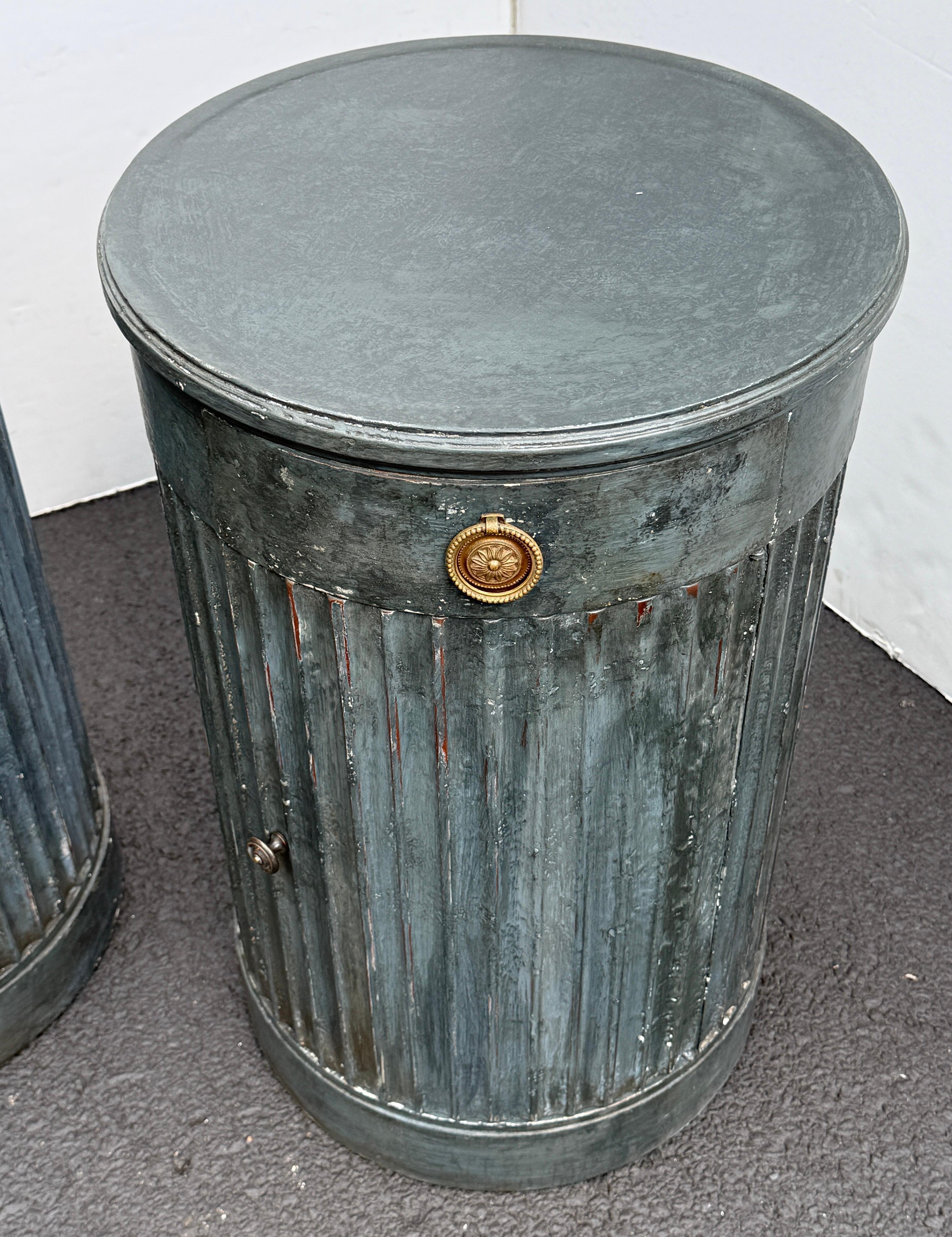 Empire Pair of French Blue Painted Fluted Bedside Column End Tables with Drawer For Sale