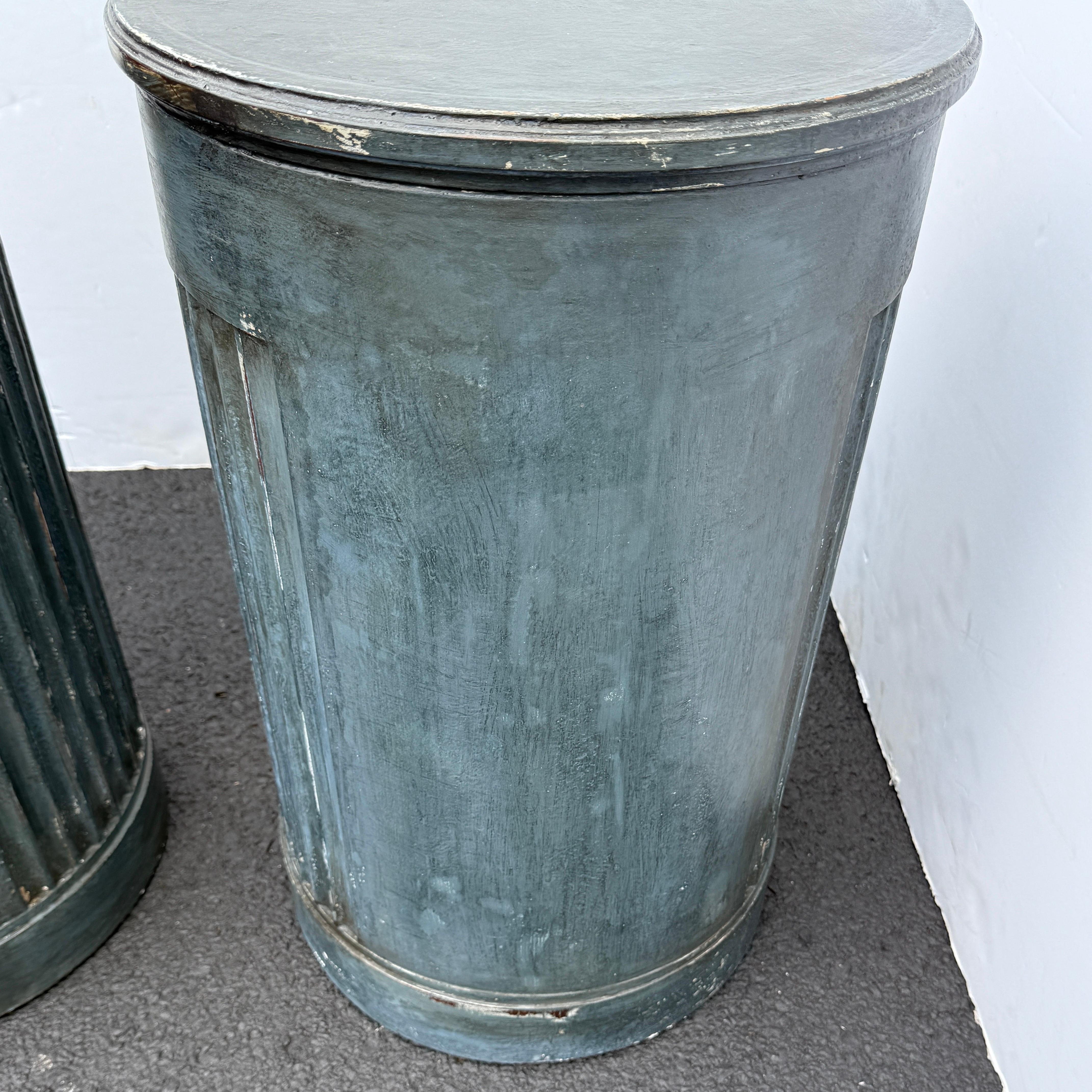 Hand-Painted Pair of French Blue Painted Fluted Bedside Column End Tables with Drawer For Sale