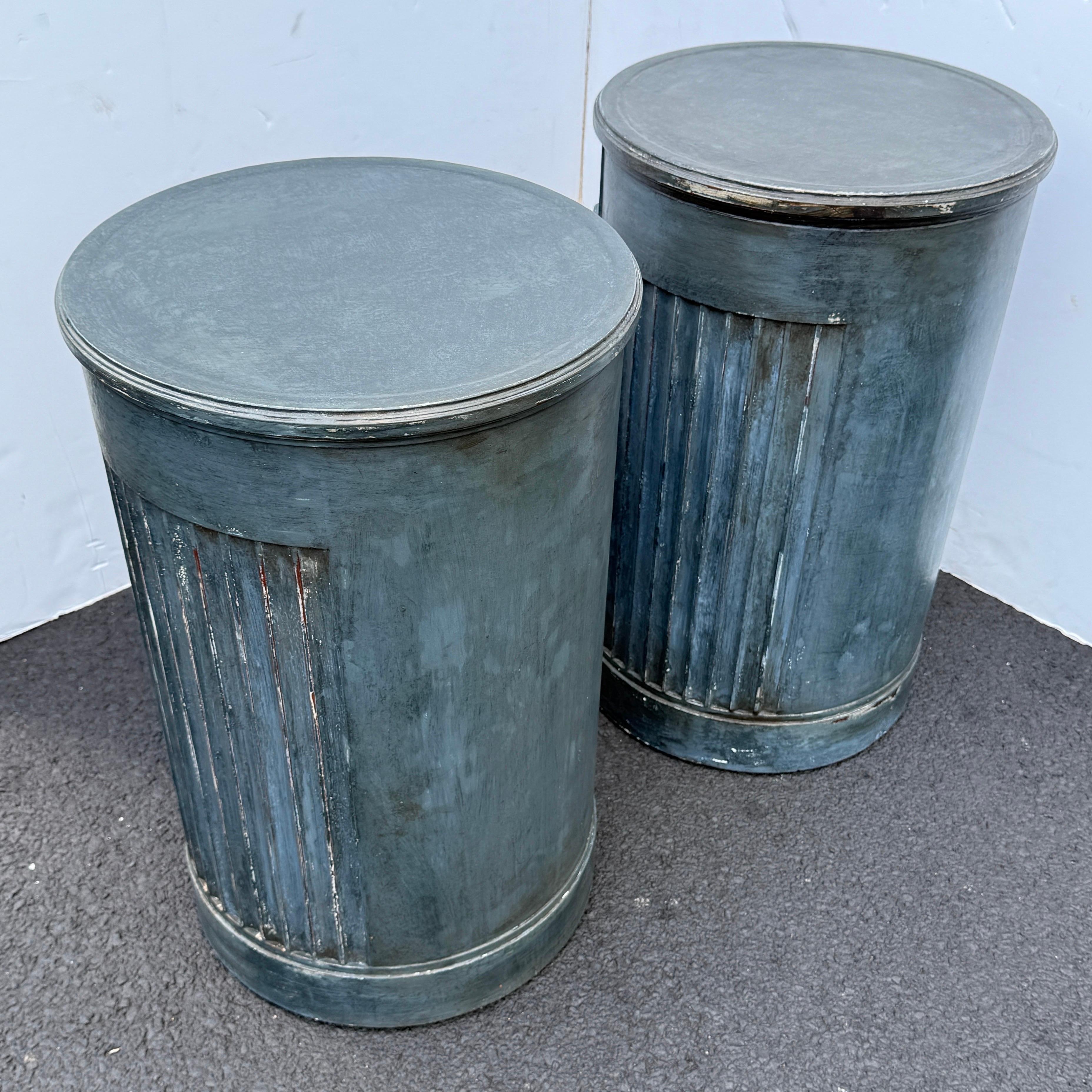 Brass Pair of French Blue Painted Fluted Bedside Column End Tables with Drawer For Sale