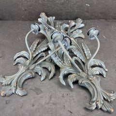 Pair of French Blue Painted Wood Candle Wall Sconces, Wheat and Acanthus