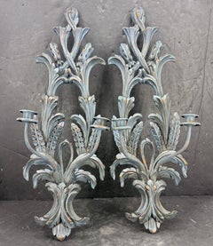 Pair of French Blue Painted Wood Candle Wall Sconces, Wheat and Acanthus