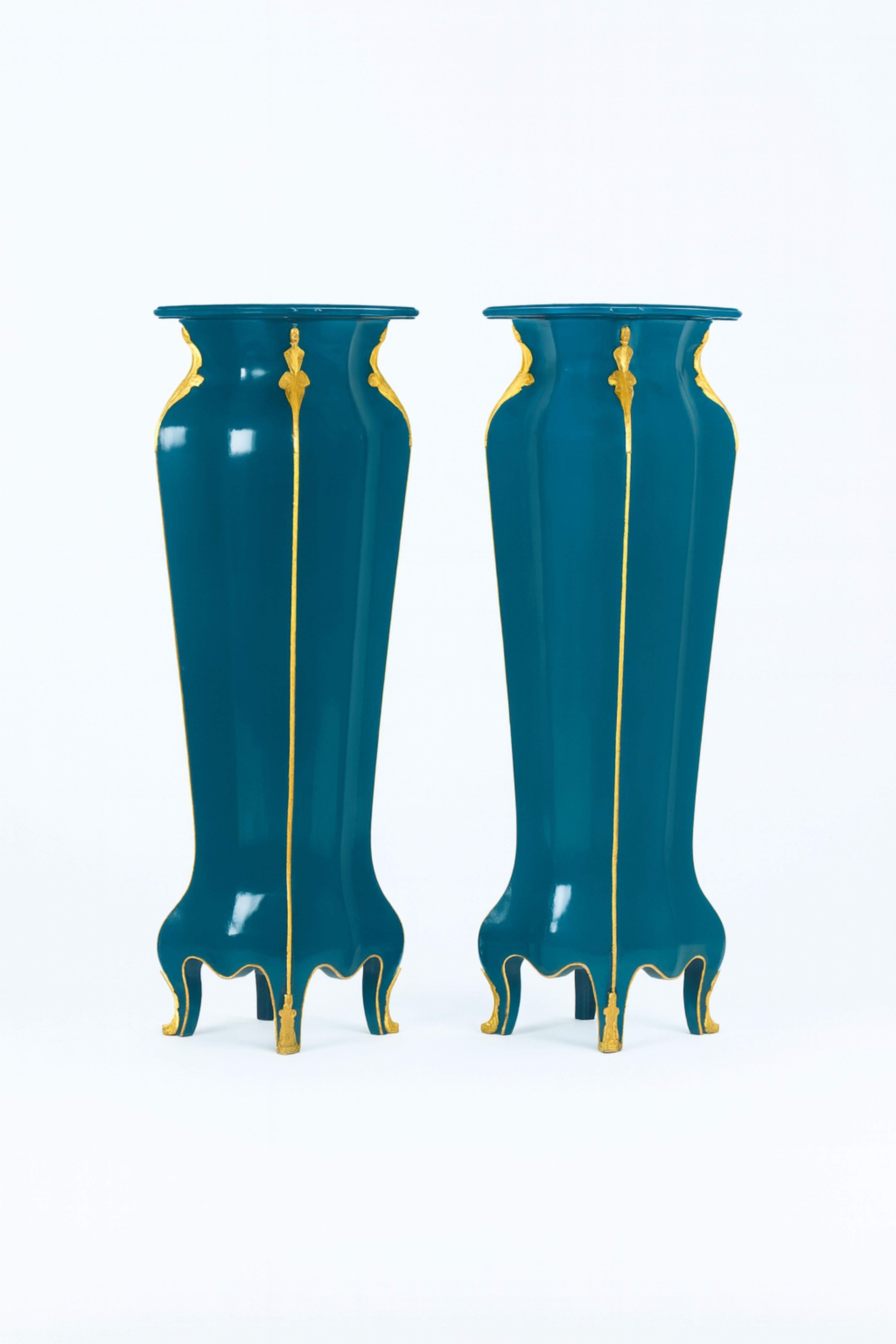 Paire de colonnes à piédestal de style Louis XVI, couleur bleu paon, 19e siècle Bon état - En vente à Lisbon, PT
