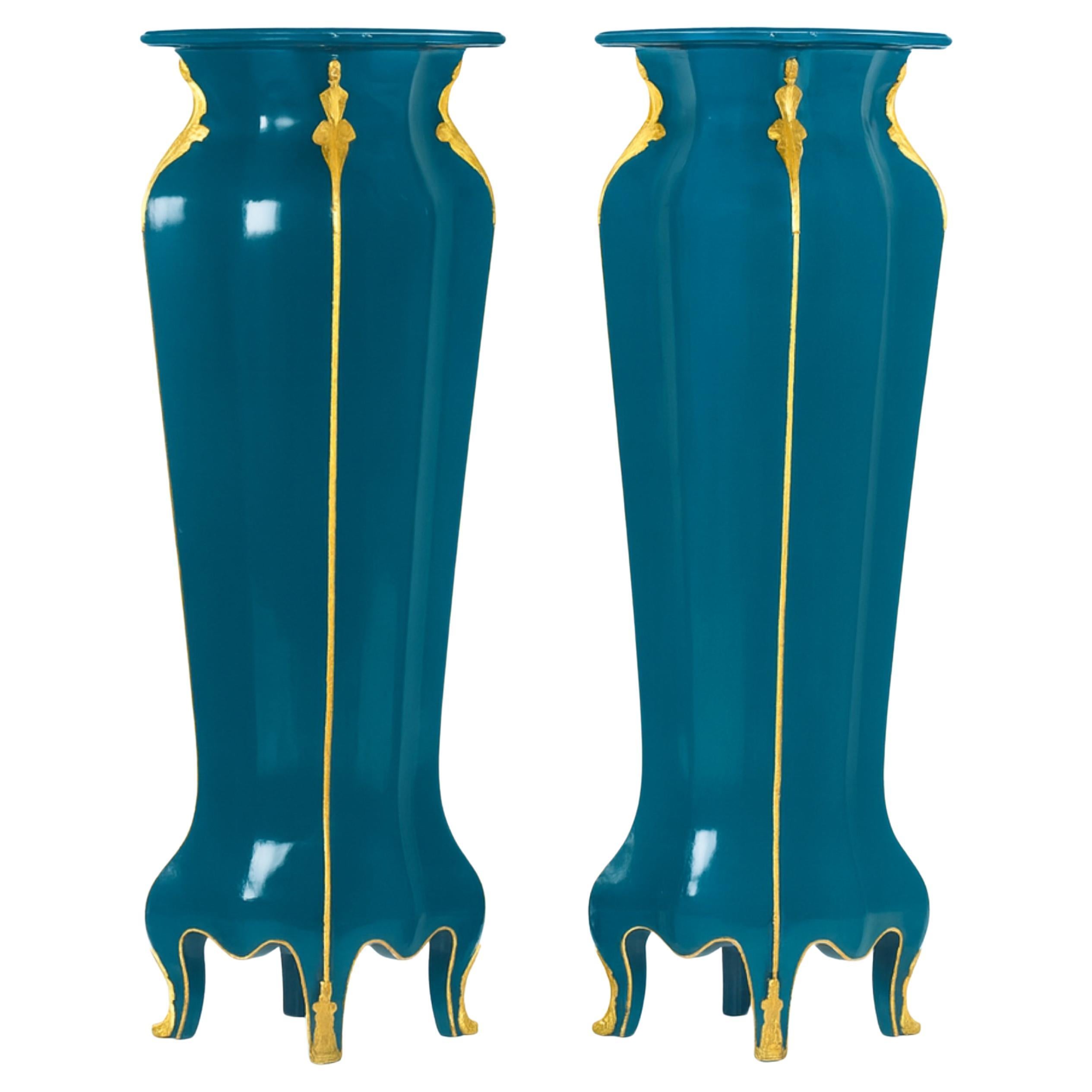 Pair of French Blue Peacock Color Louis XVI Column Pedestal, 19th Century