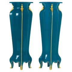 Pair of French Blue Peacock Color Louis XVI Column Pedestal, 19th Century