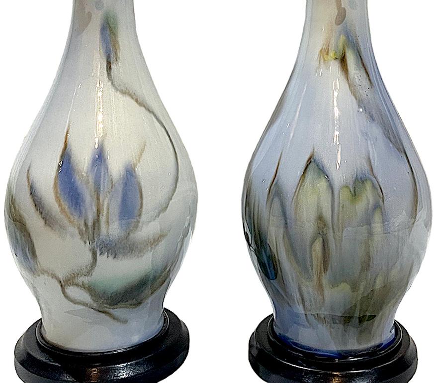 Ebonized Pair of French Blue Porcelain Lamps