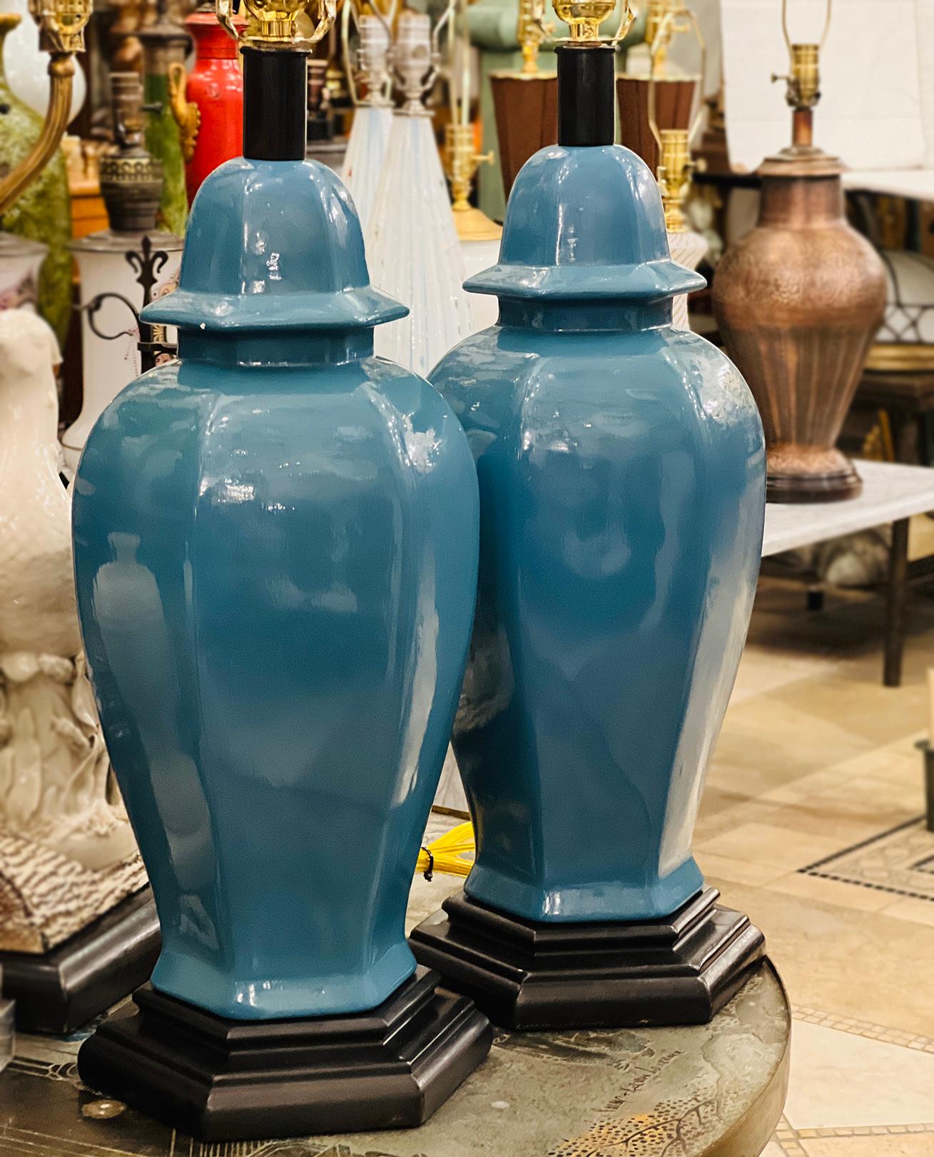 Mid-20th Century Pair of French Blue Porcelain Lamps For Sale