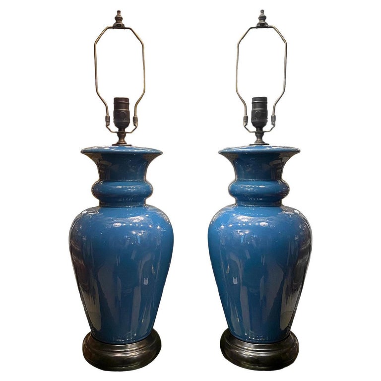 Pair of French Blue Porcelain Lamps For Sale at 1stDibs