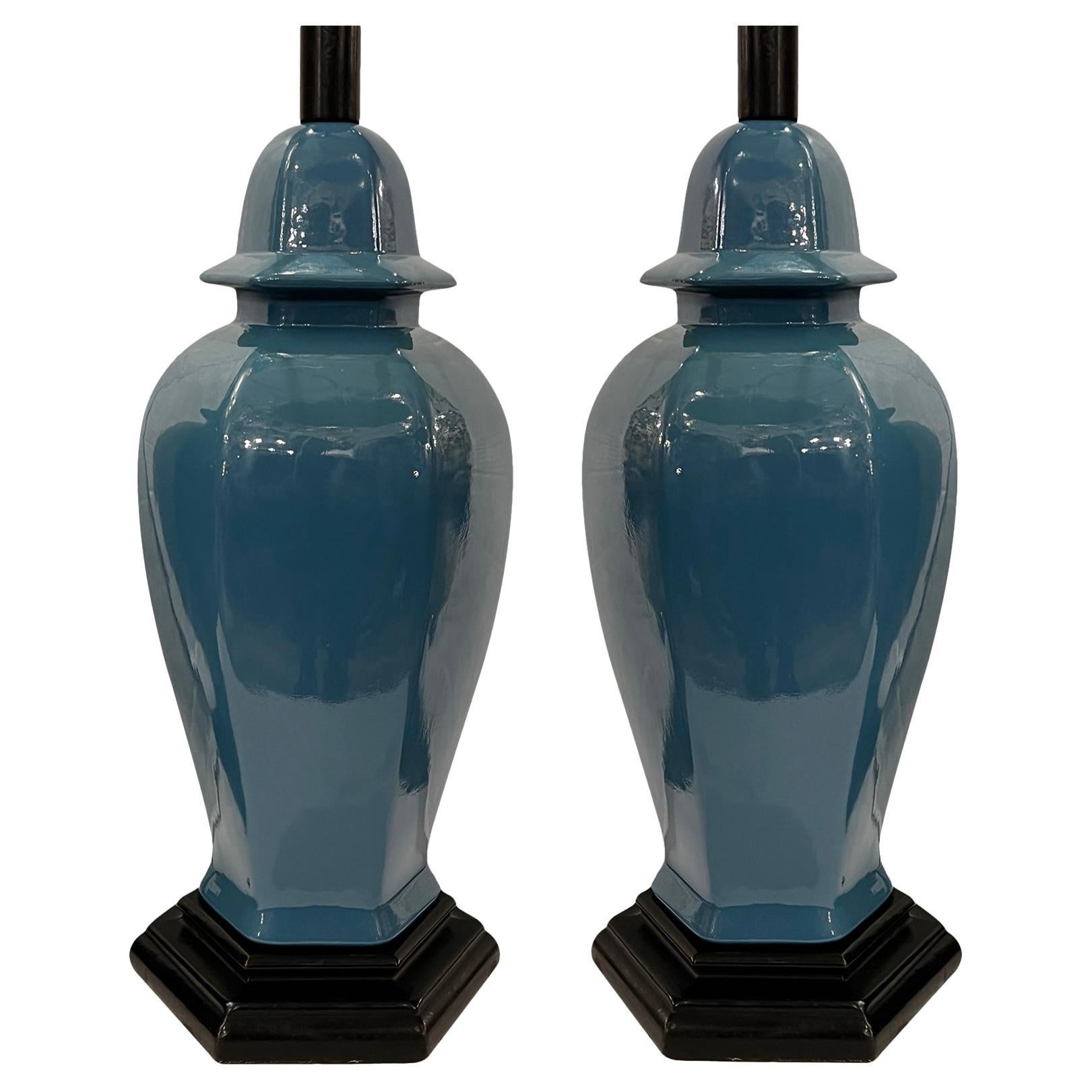 Pair of French Blue Porcelain Lamps For Sale