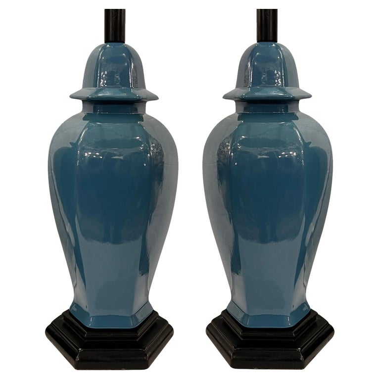 Pair of French Blue Porcelain Lamps For Sale at 1stDibs