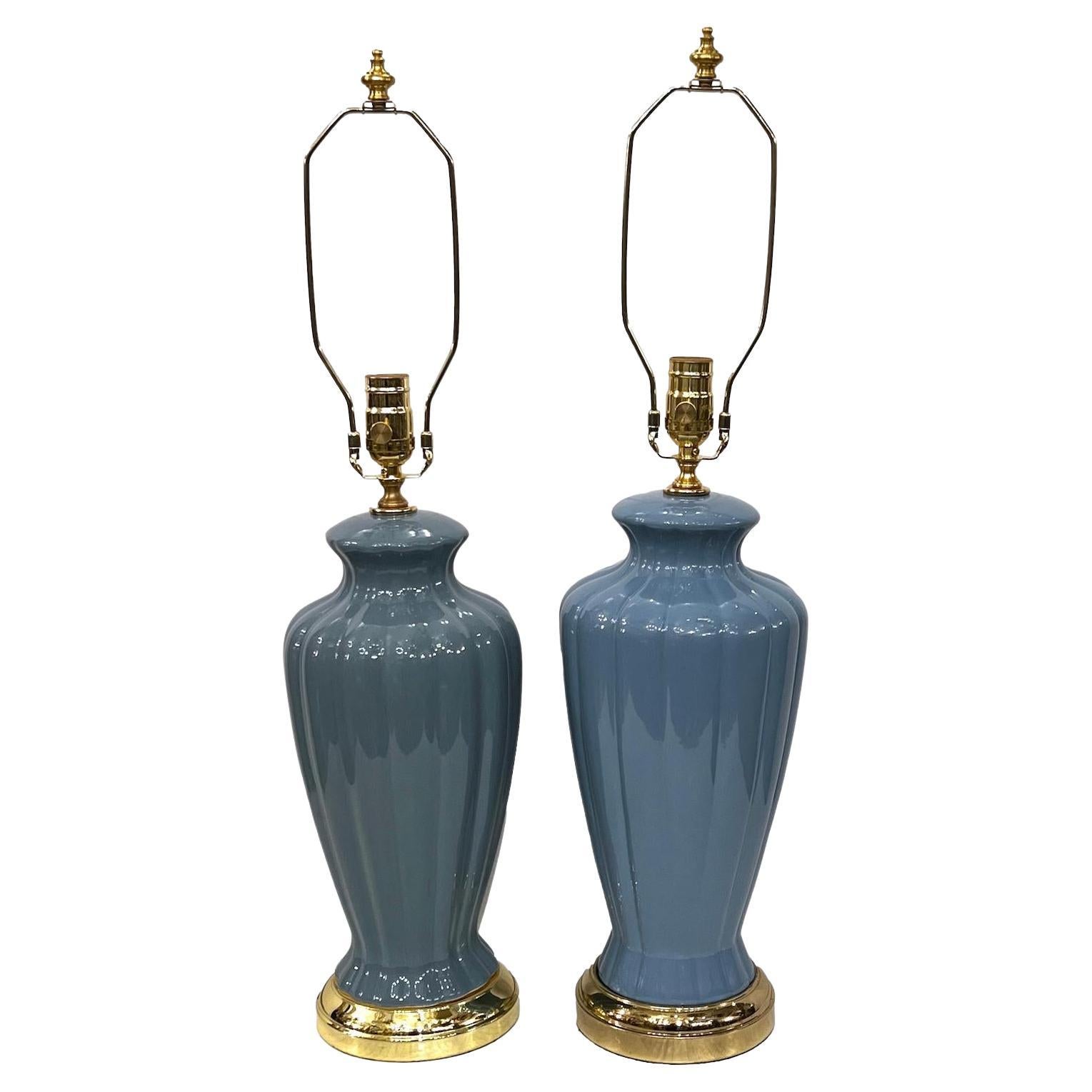 Pair of French Blue Porcelain Lamps For Sale