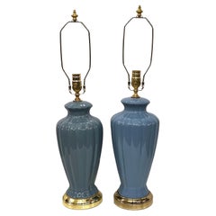 Retro Pair of French Blue Porcelain Lamps