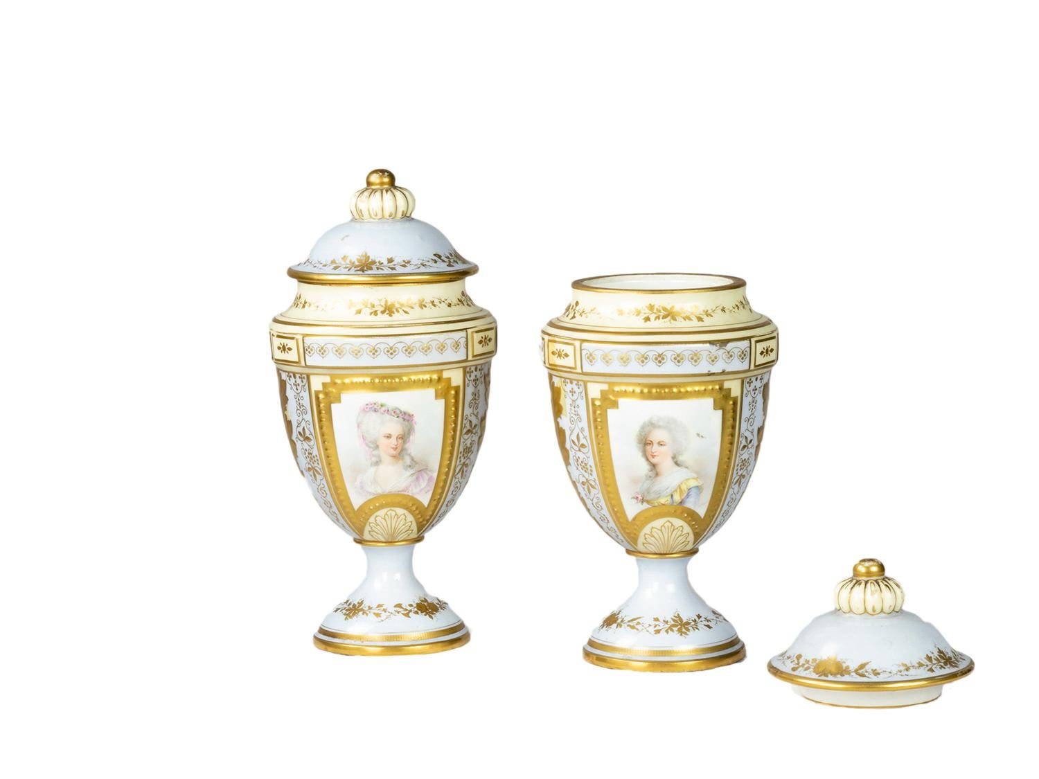 A pair of Sevres vase from the 19th century features a delicate light blue porcelain body adorned with beautifully etched friezes and foliages.

The golden painting adds a touch of elegance, while the pumpkin-shaped top showcases the iconic figure