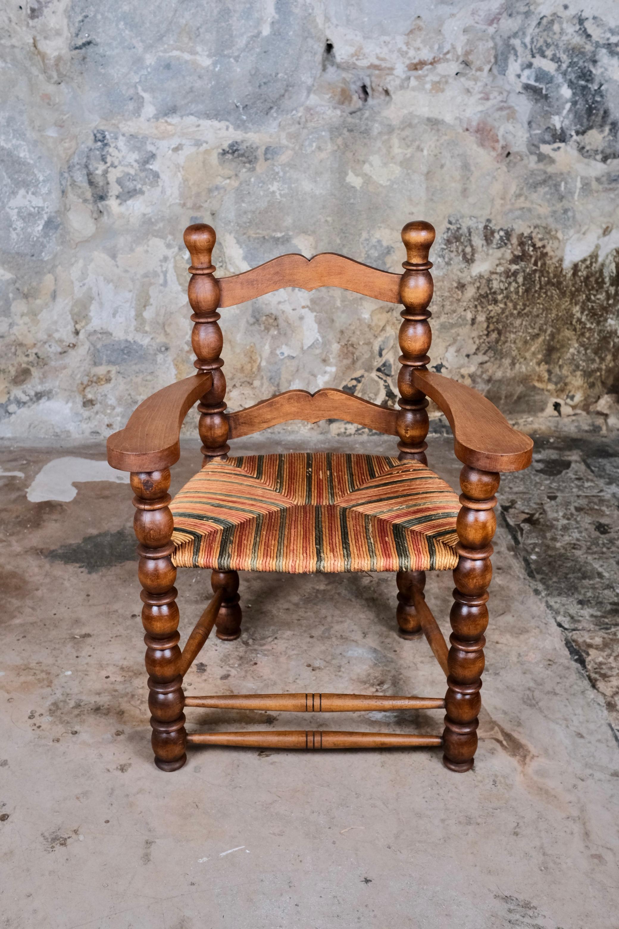 Turned Pair of French bobbin armchairs in the style of Charles Dudouyt, 1940-50s For Sale