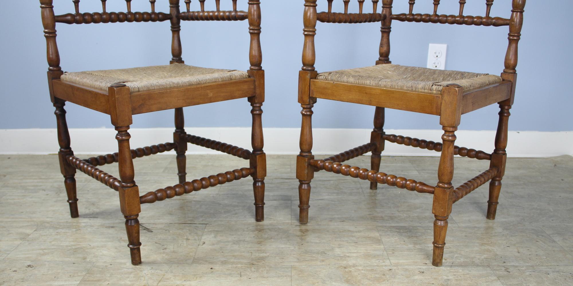 Pair of French Bobbin Carved Fruitwood Corner Chairs In Good Condition In Port Chester, NY