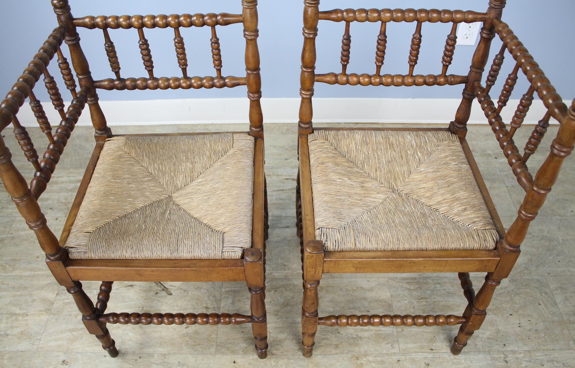 20th Century Pair of French Bobbin Carved Fruitwood Corner Chairs