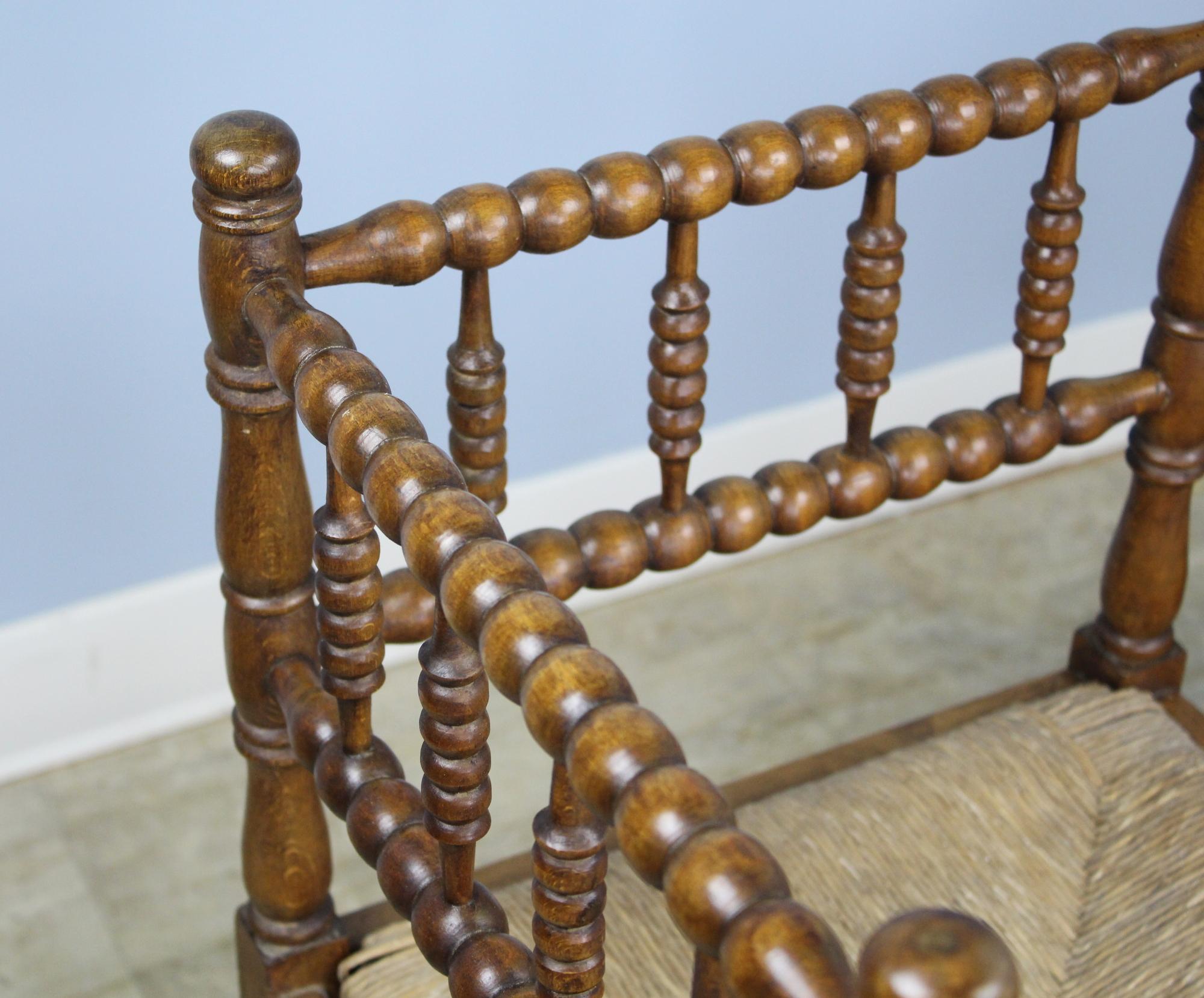 Rush Pair of French Bobbin Carved Fruitwood Corner Chairs