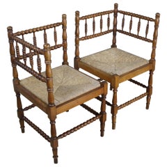 Pair of French Bobbin Carved Fruitwood Corner Chairs