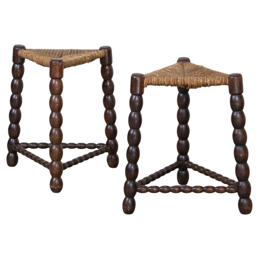 Pair of French Bobbin Wood and Woven Stools For Sale