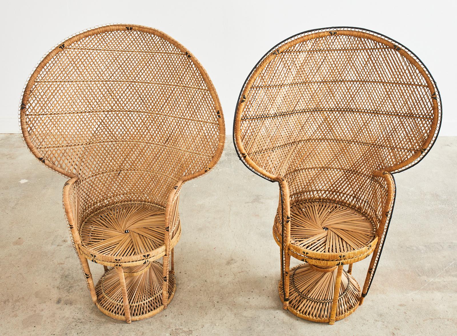 Pair of French Bohemian Emmanuelle Wicker Peacock Chairs For Sale at