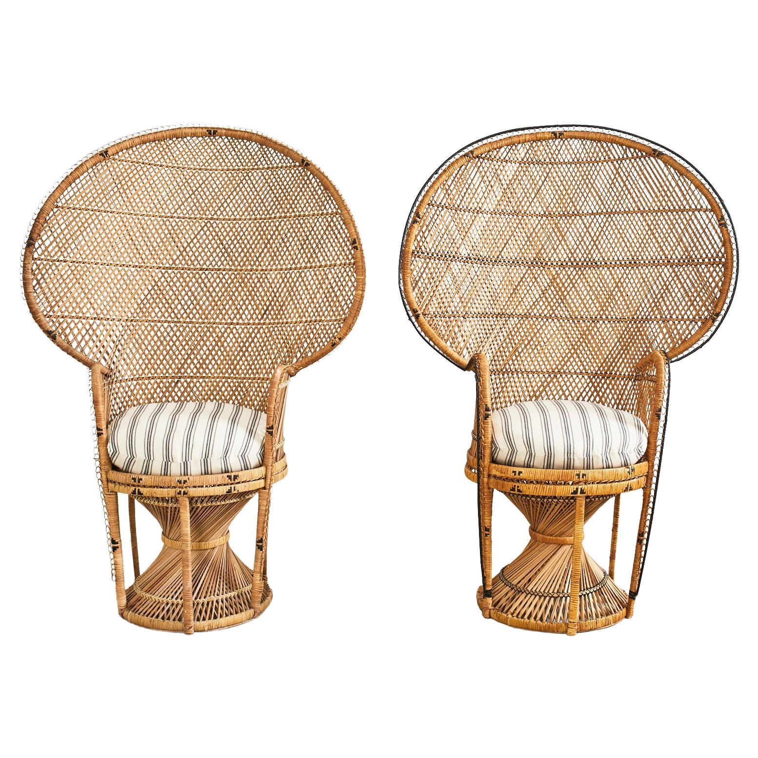 Pair of French Bohemian Emmanuelle Wicker Peacock Chairs