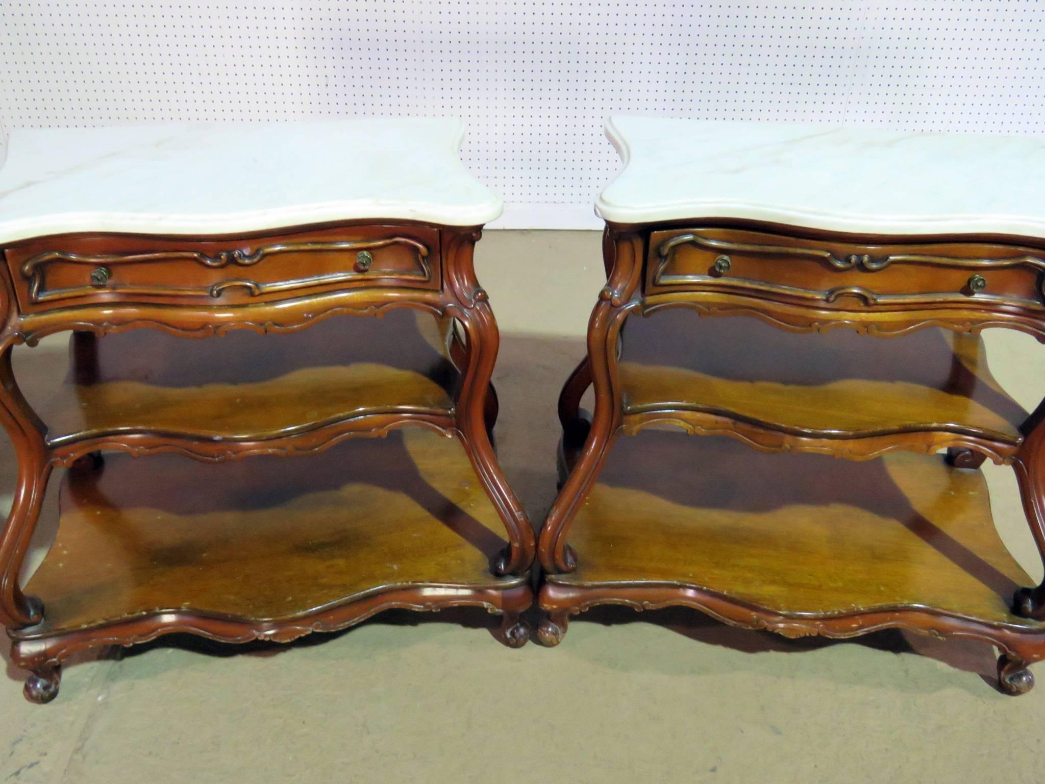 Country Pair of French Marble Top Bombe End Tables in the Manner of Auffray