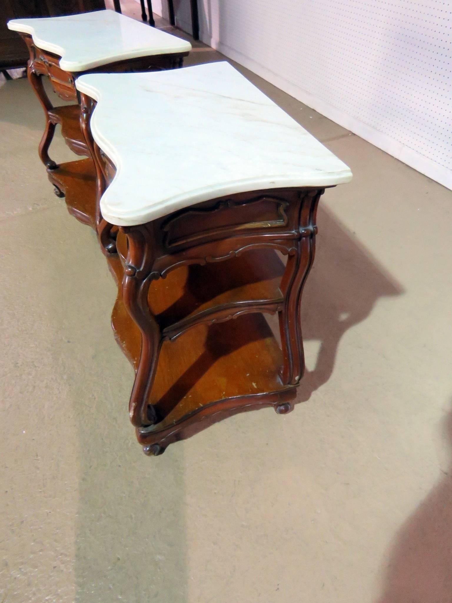 Pair of French Marble Top Bombe End Tables in the Manner of Auffray 1